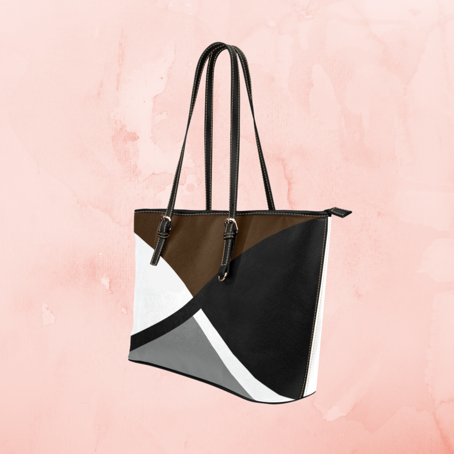Pink Crisscross large leather tote bag, Black gray white handbag with pink accent color and shoulder straps, Designer Style leather purse