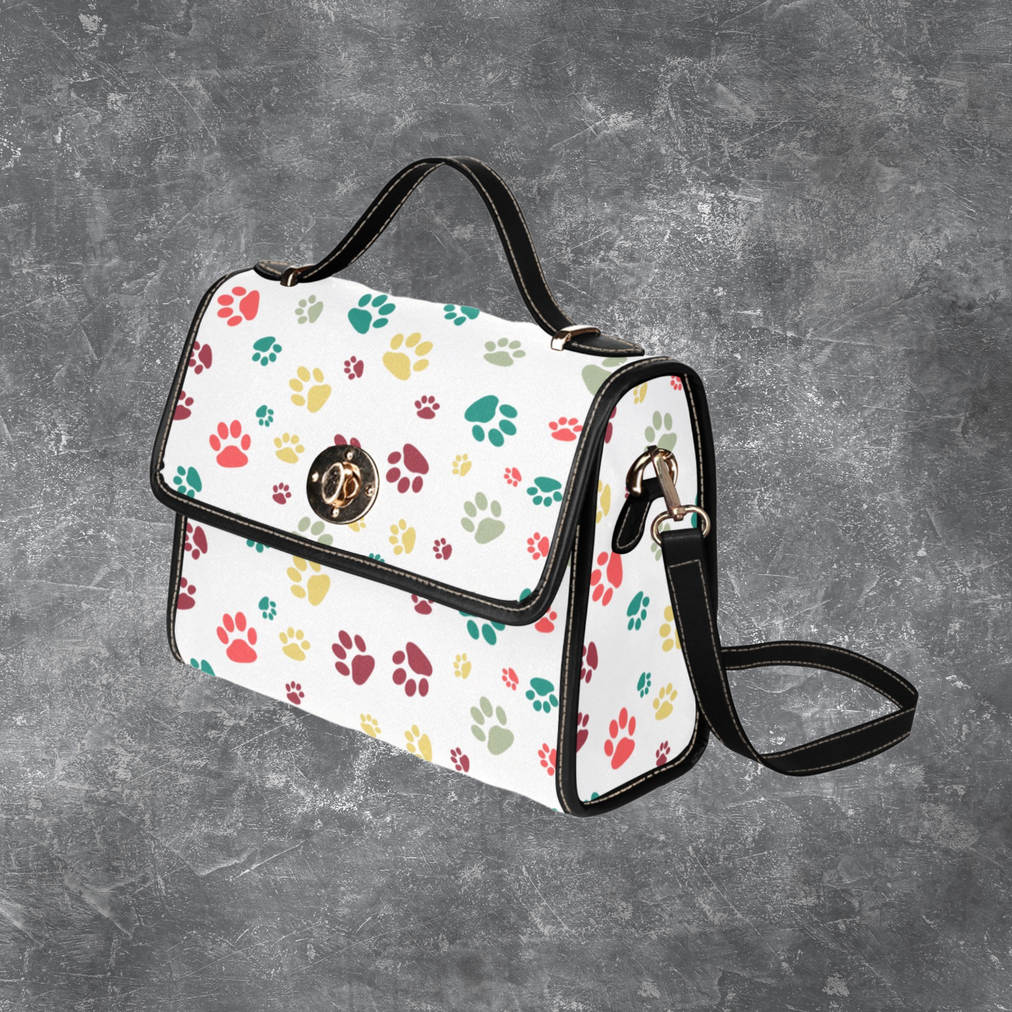 Black satchel handbag with dog paw print pattern and shoulder strap, Black canvas handbag PU leather trim, Dog lover designer style purse
