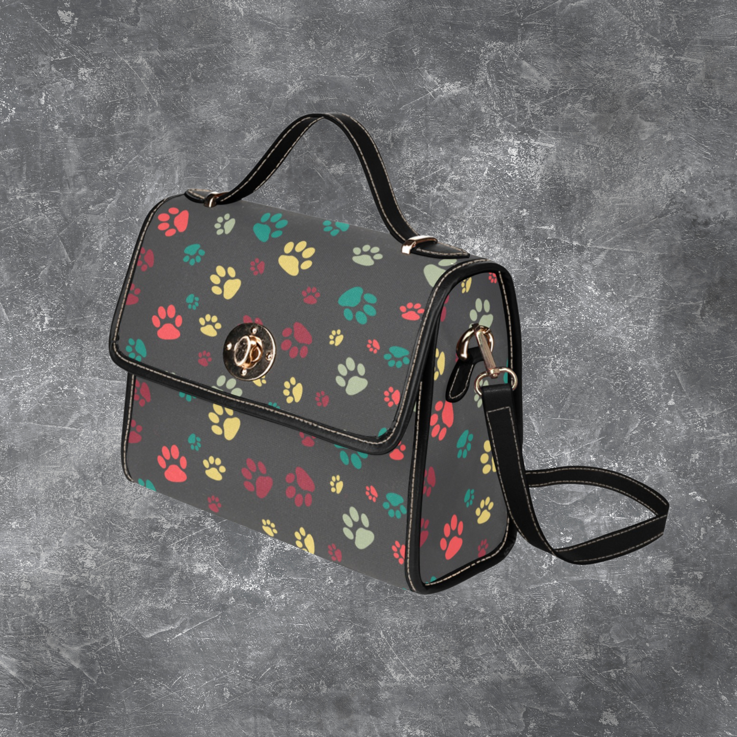 Black satchel handbag with dog paw print pattern and shoulder strap, Black canvas handbag PU leather trim, Dog lover designer style purse