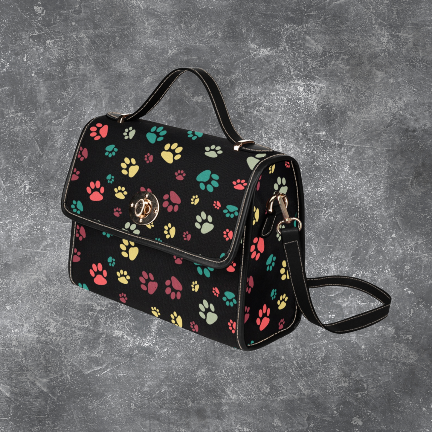 Black satchel handbag with dog paw print pattern and shoulder strap, Black canvas handbag PU leather trim, Dog lover designer style purse