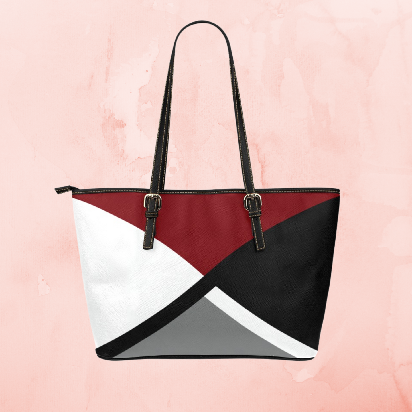 Pink Crisscross large leather tote bag, Black gray white handbag with pink accent color and shoulder straps, Designer Style leather purse