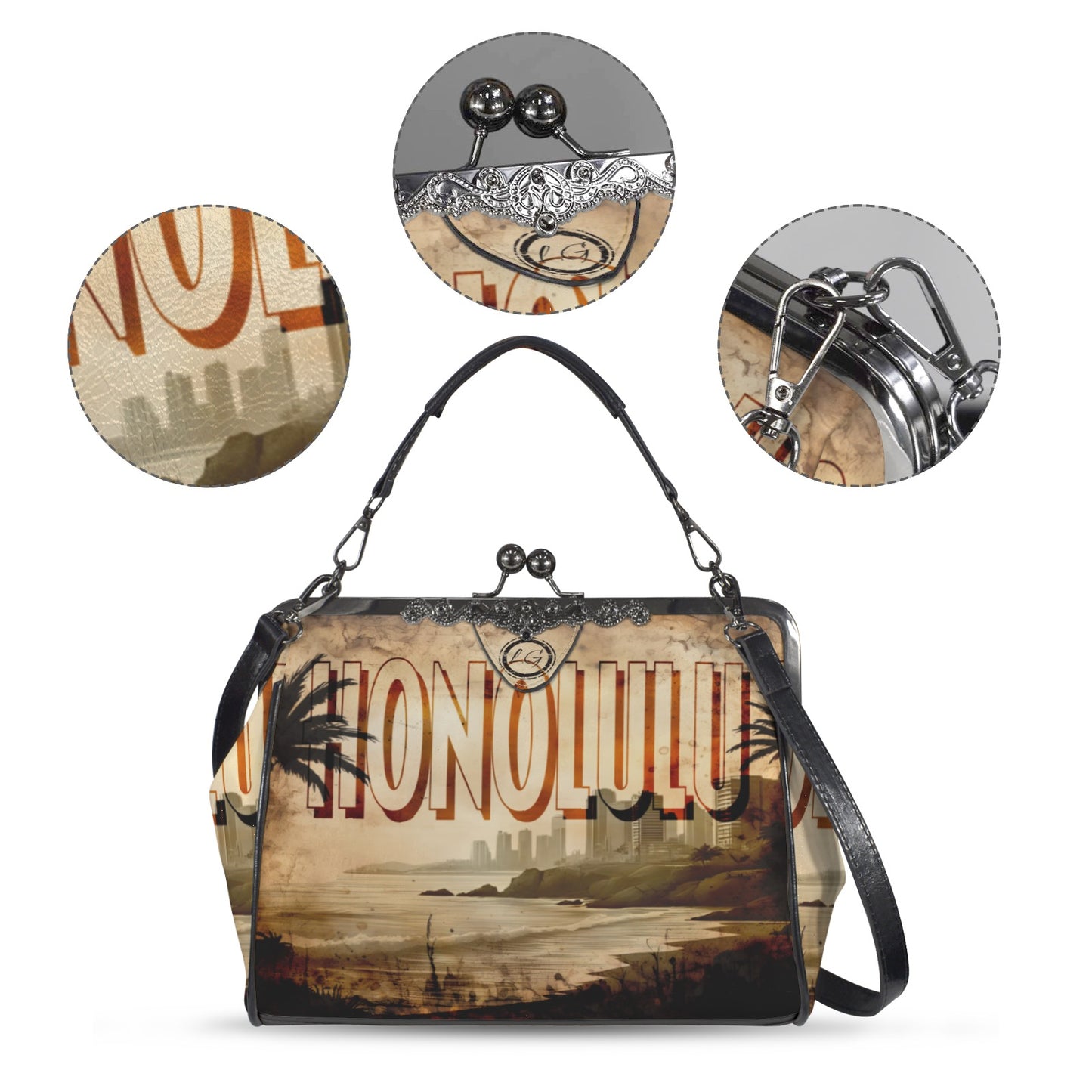 Waikiki Beach designed Handbag, Unique Hawaii Crossbody Purse, Honolulu Vacation Souvenir Shoulder Handbag, Beach Tote Bag, Vintage Handbag