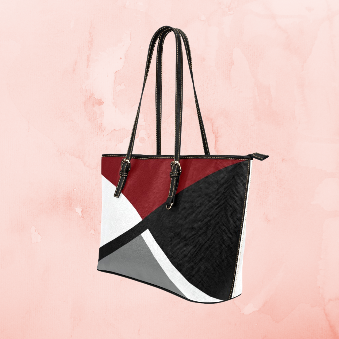Pink Crisscross large leather tote bag, Black gray white handbag with pink accent color and shoulder straps, Designer Style leather purse