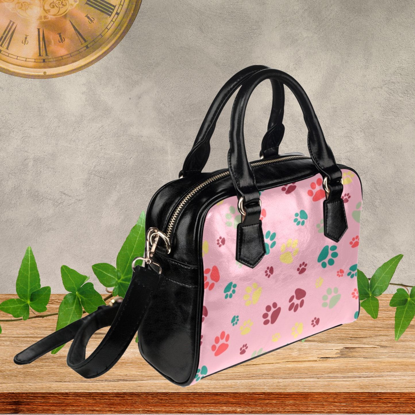 Dog Paw Print Faux Leather handbag or Shoulder bag for women dog lover, Pink White Black or Gray dog paw design on PU leather crossbody bag