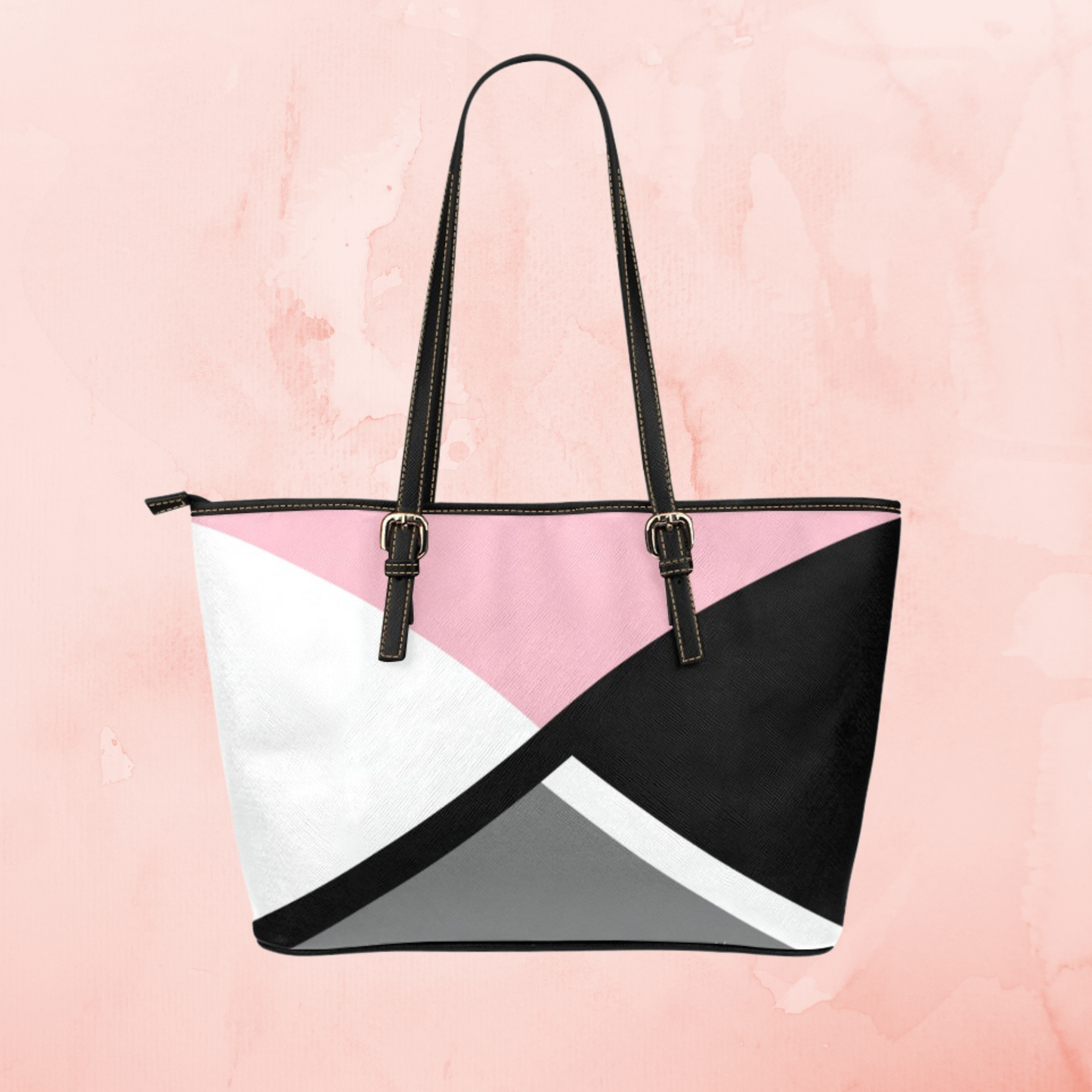 Pink Crisscross large leather tote bag, Black gray white handbag with pink accent color and shoulder straps, Designer Style leather purse