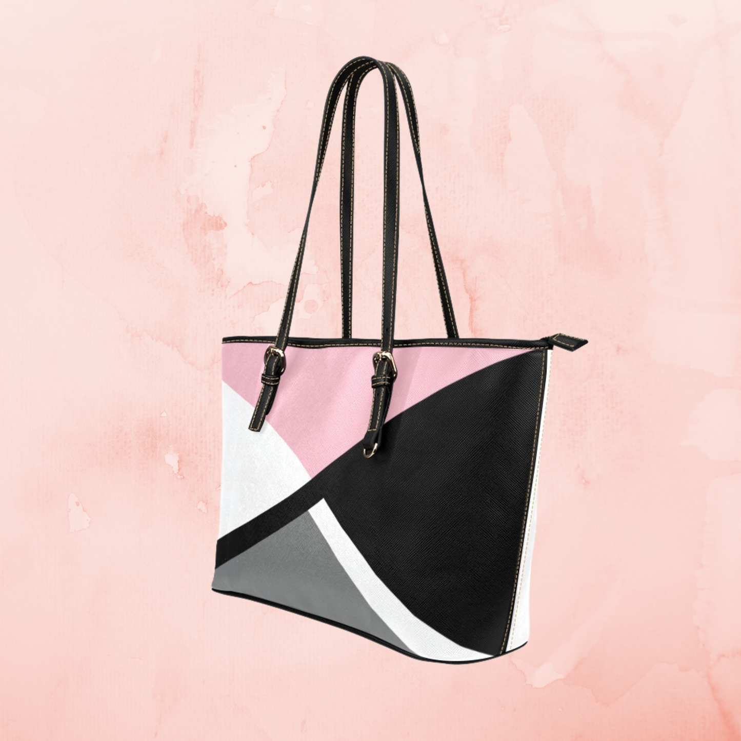 Pink Crisscross large leather tote bag, Black gray white handbag with pink accent color and shoulder straps, Designer Style leather purse
