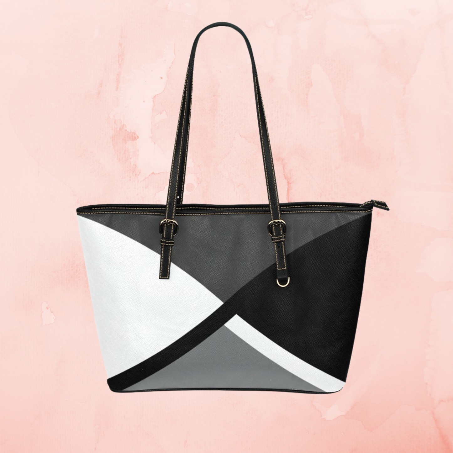 Pink Crisscross large leather tote bag, Black gray white handbag with pink accent color and shoulder straps, Designer Style leather purse