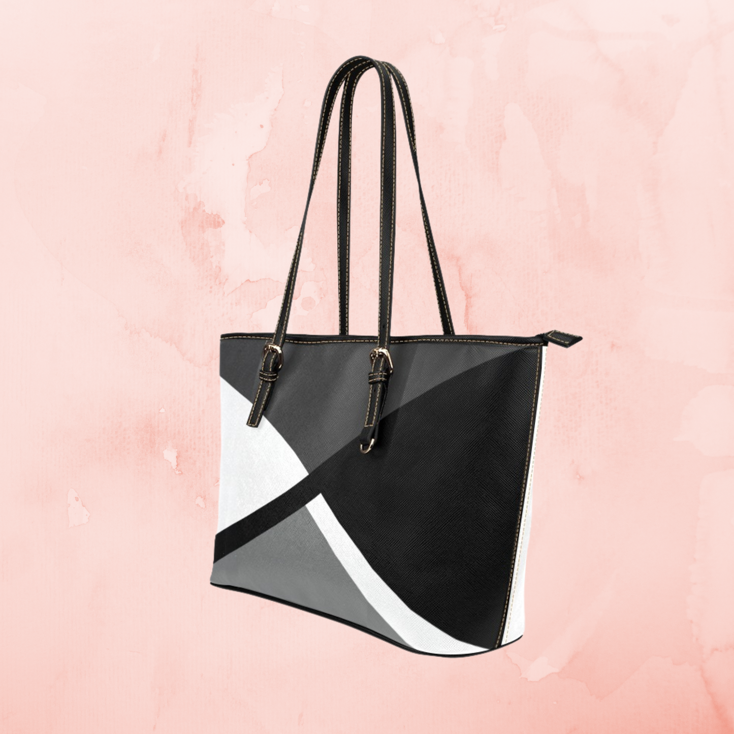 Pink Crisscross large leather tote bag, Black gray white handbag with pink accent color and shoulder straps, Designer Style leather purse