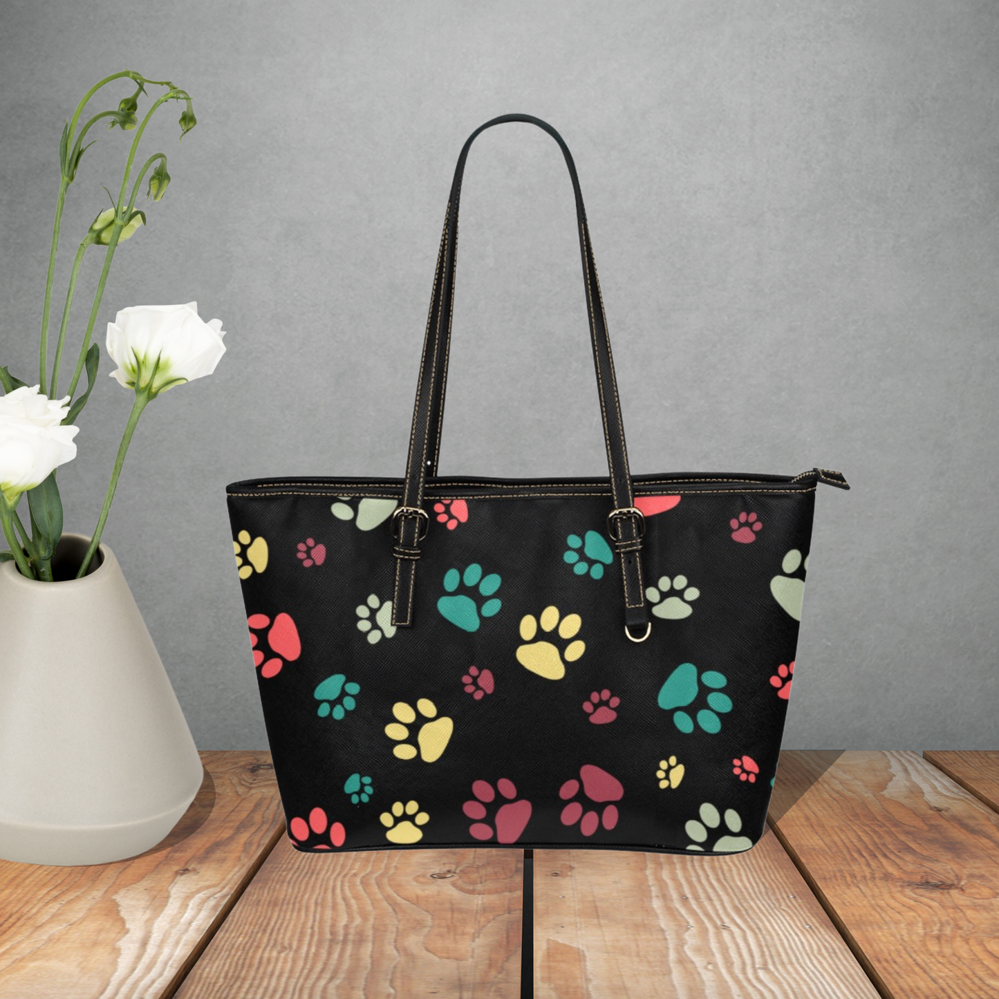 Dog Paw Prints on a large faux leather handbag, Women’s White, Black, Pink, or Gray tote bag, Cute Dog lover handbag with adjustable handles