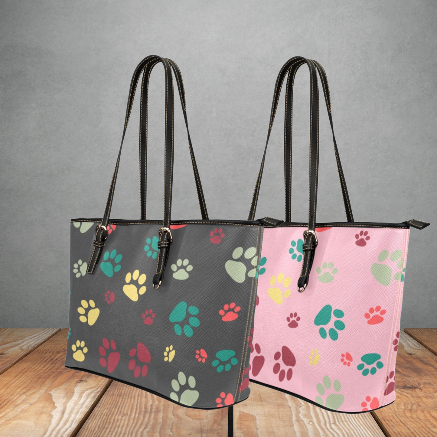 Dog Paw Prints on a large faux leather handbag, Women’s White, Black, Pink, or Gray tote bag, Cute Dog lover handbag with adjustable handles