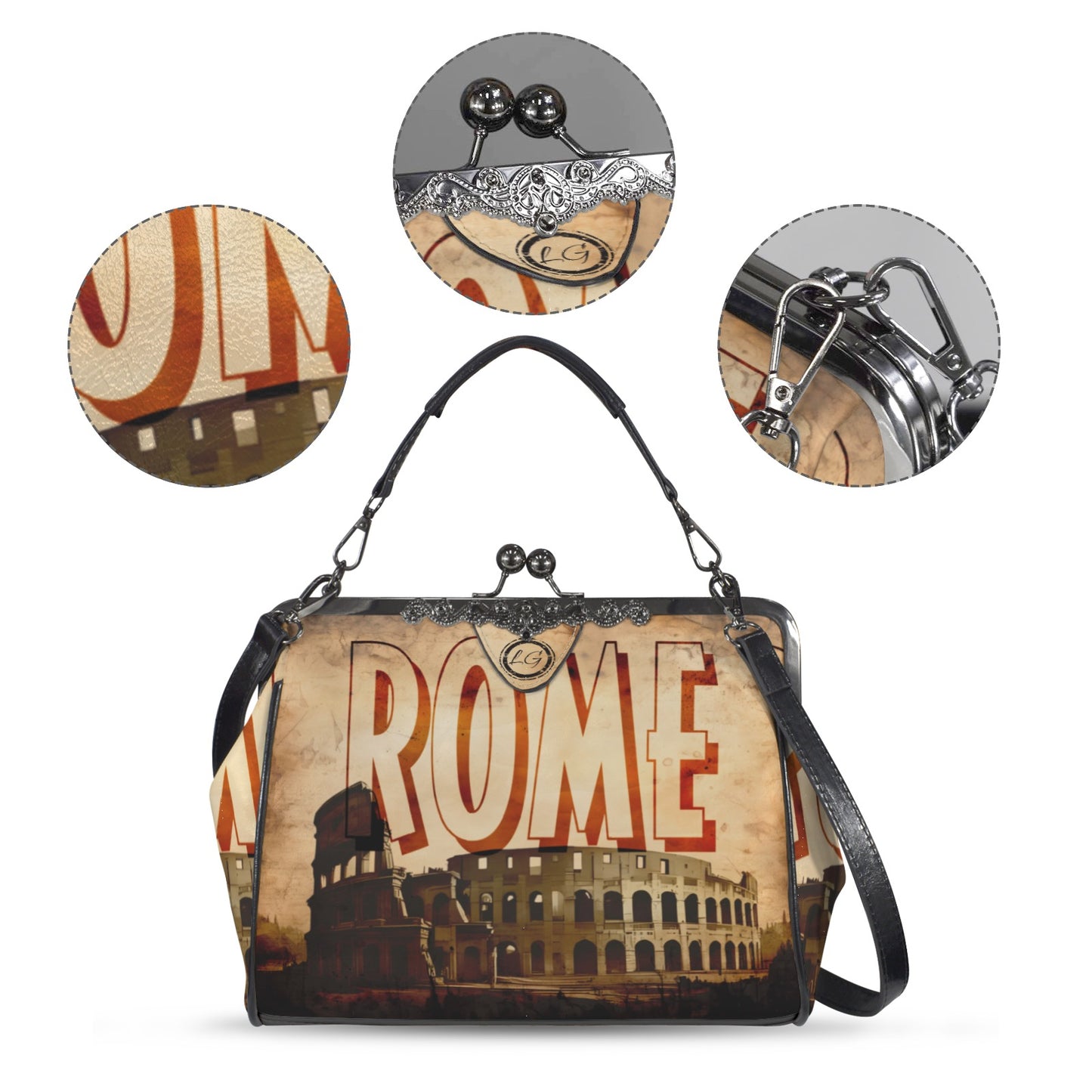 Rome Italy designed Handbag, Unique Italian themed Crossbody Purse, Vacation Souvenir Shoulder Handbag, Roman Colosseum Vintage Handbag