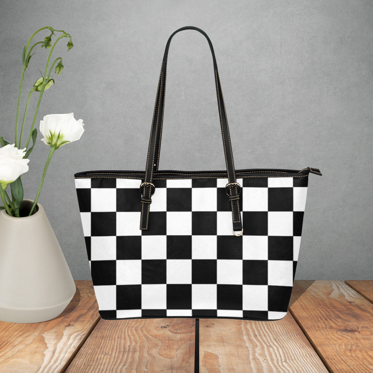 Checkerboard pattern large leather tote bag, Multi color tote with inner zipper pouch and shoulder strap, Designer Style faux leather purse