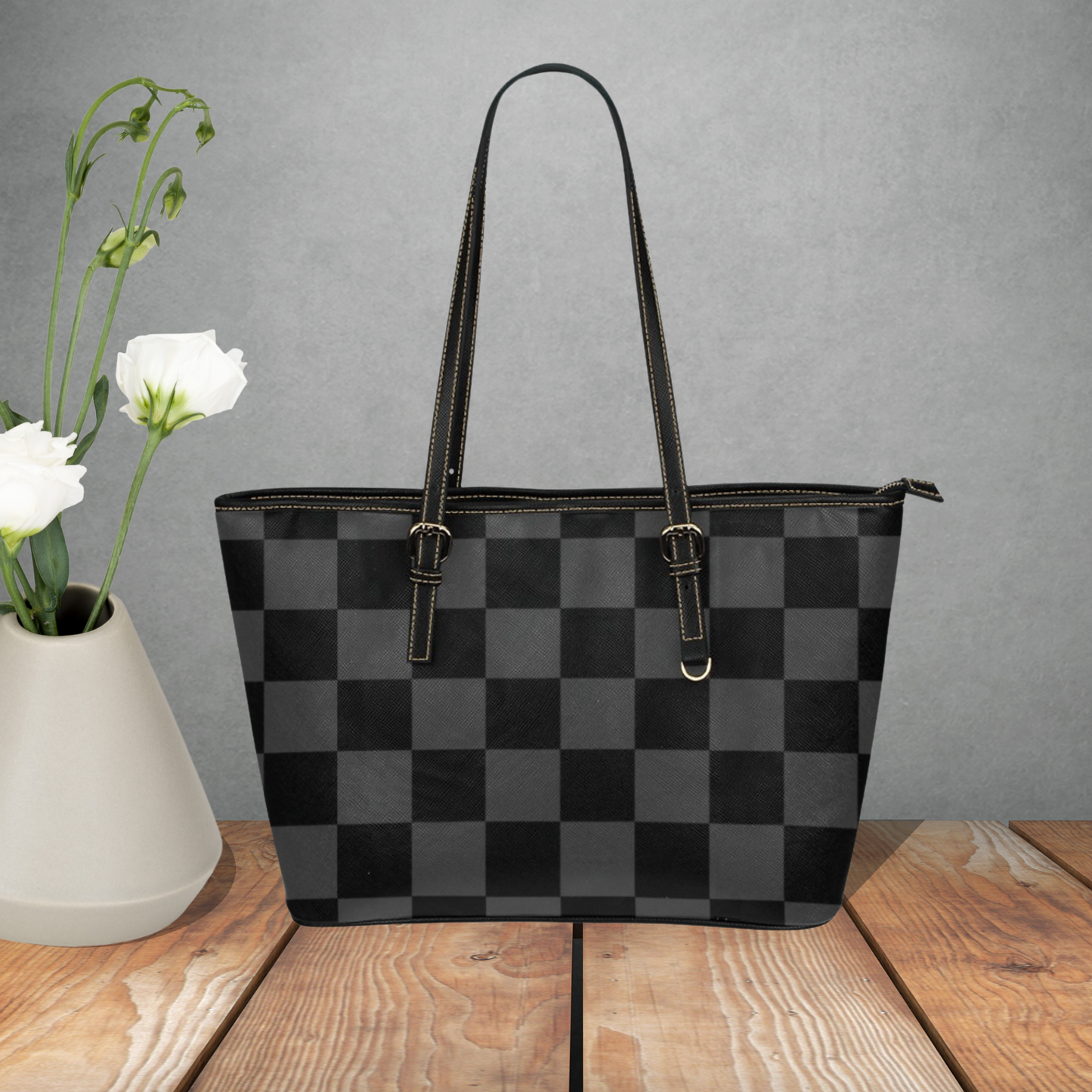 Checkerboard pattern large leather tote bag, Multi color tote with inner zipper pouch and shoulder strap, Designer Style faux leather purse