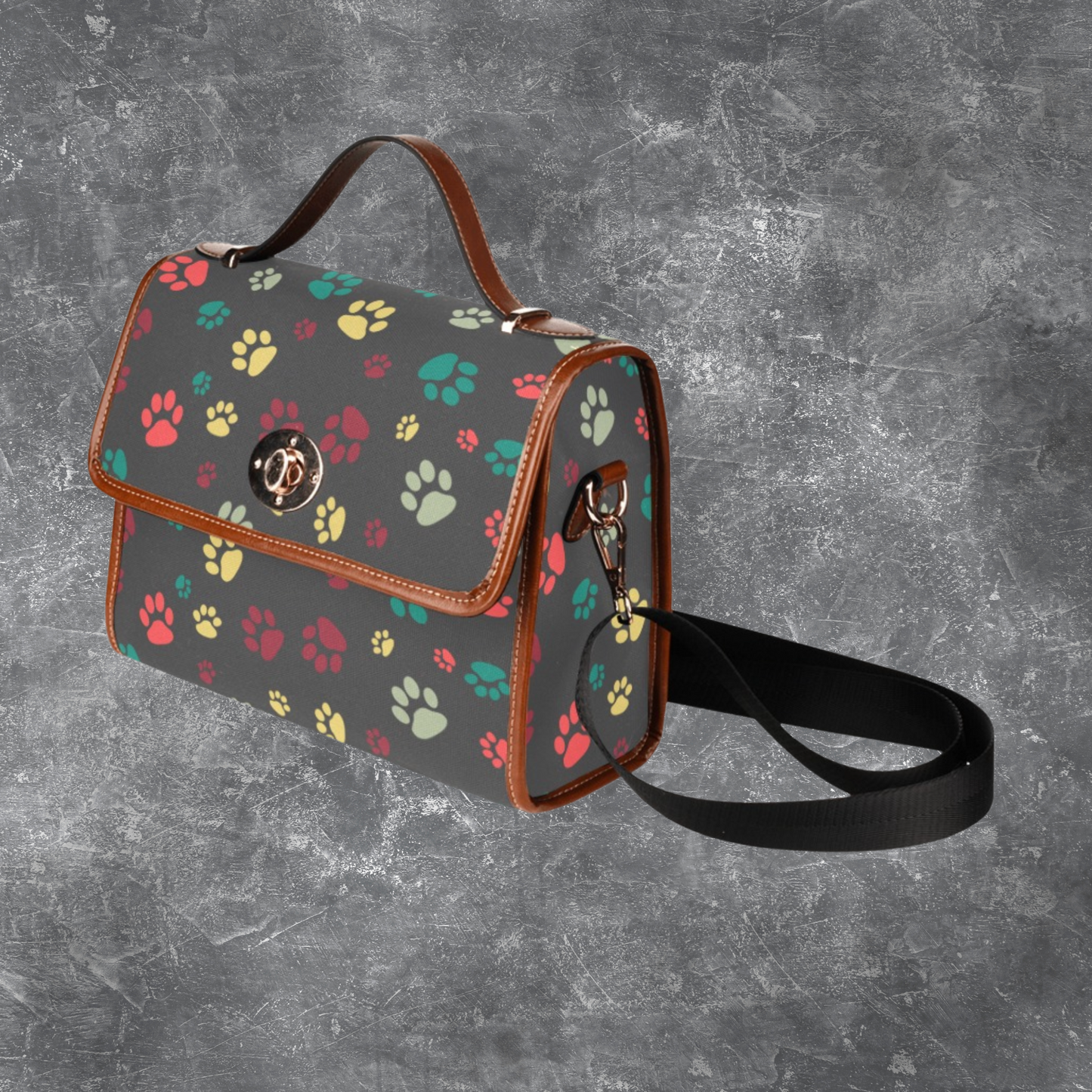 Satchel handbag with dog paw print pattern and shoulder strap, Black canvas handbag PU leather trim, Designer style purse for dog lover