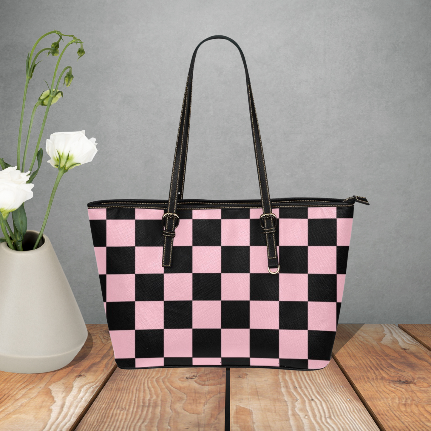 Checkerboard pattern large leather tote bag, Multi color tote with inner zipper pouch and shoulder strap, Designer Style faux leather purse
