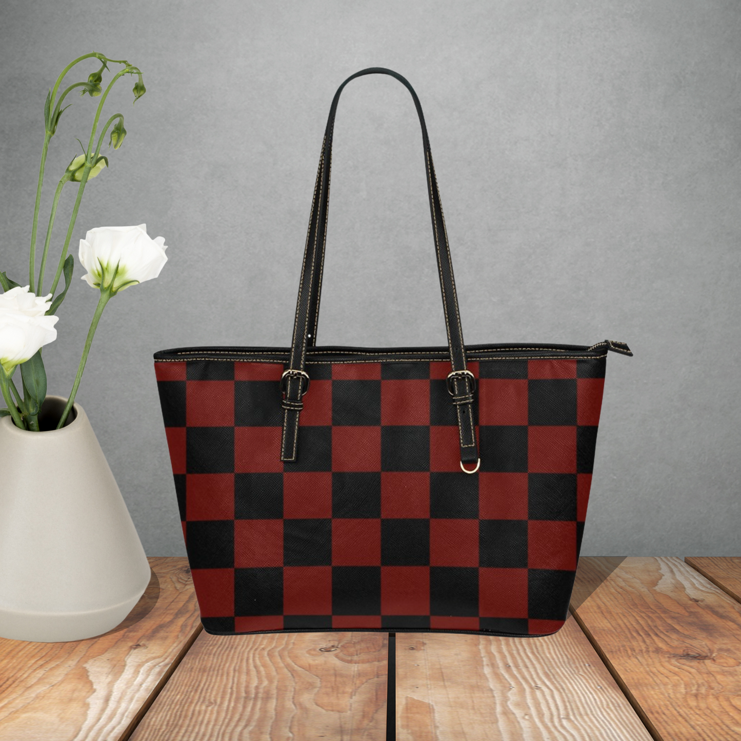 Checkerboard pattern large leather tote bag, Multi color tote with inner zipper pouch and shoulder strap, Designer Style faux leather purse