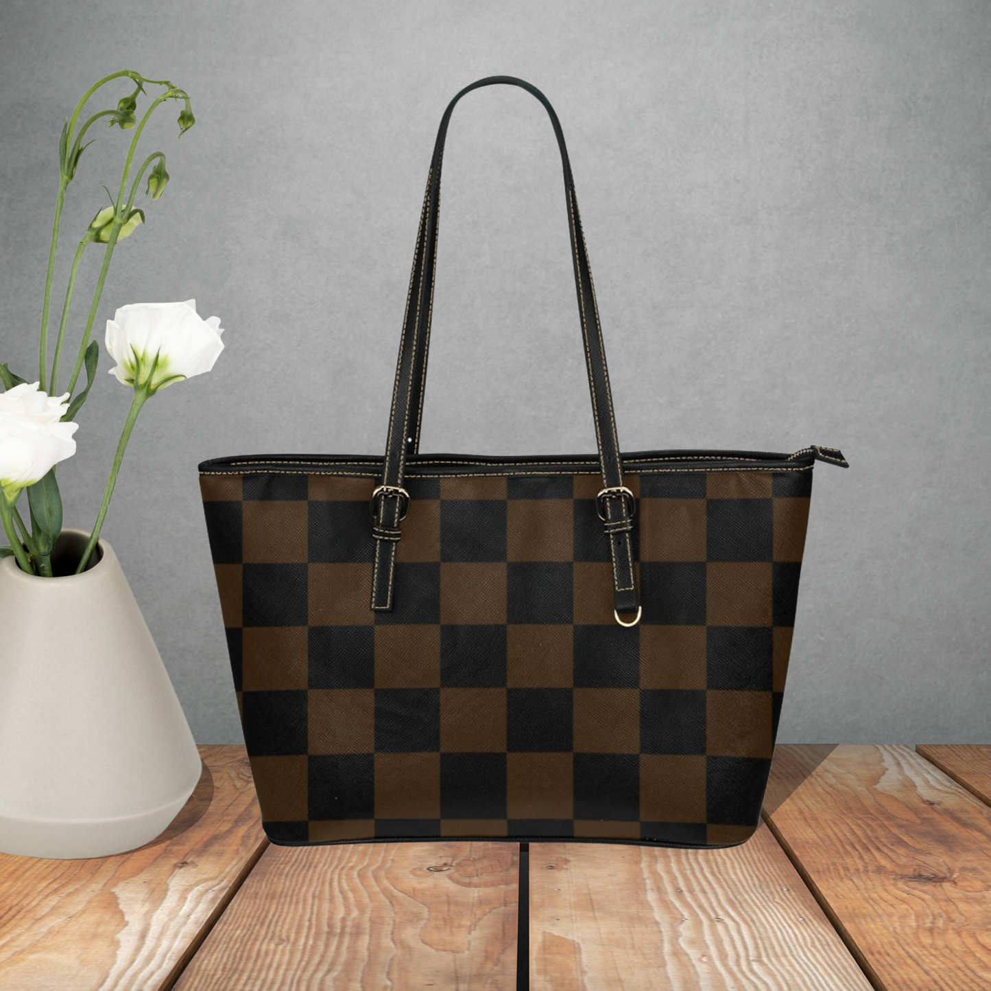 Checkerboard pattern large leather tote bag, Multi color tote with inner zipper pouch and shoulder strap, Designer Style faux leather purse