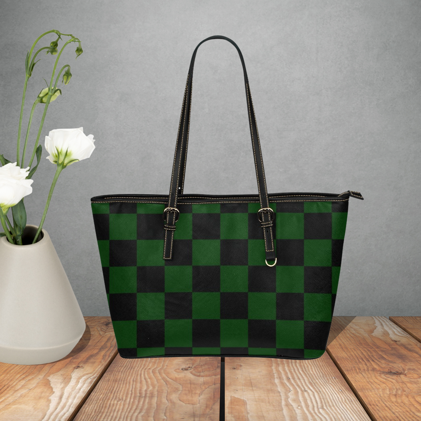Checkerboard pattern large leather tote bag, Multi color tote with inner zipper pouch and shoulder strap, Designer Style faux leather purse