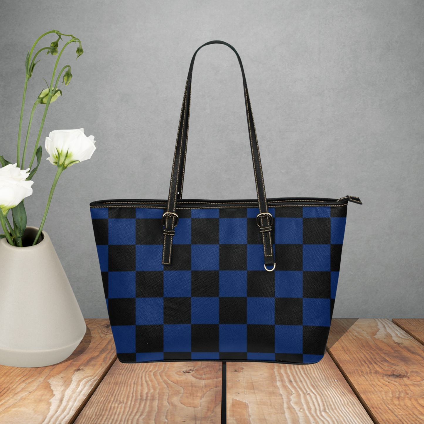 Checkerboard pattern large leather tote bag, Multi color tote with inner zipper pouch and shoulder strap, Designer Style faux leather purse