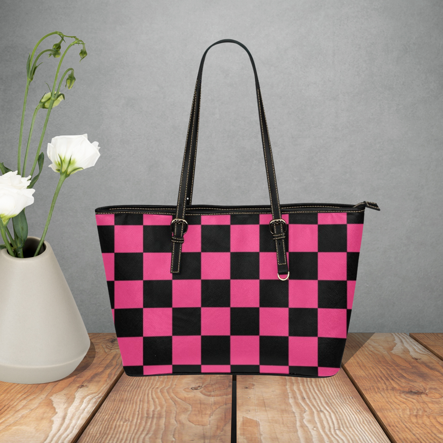 Checkerboard pattern large leather tote bag, Multi color tote with inner zipper pouch and shoulder strap, Designer Style faux leather purse