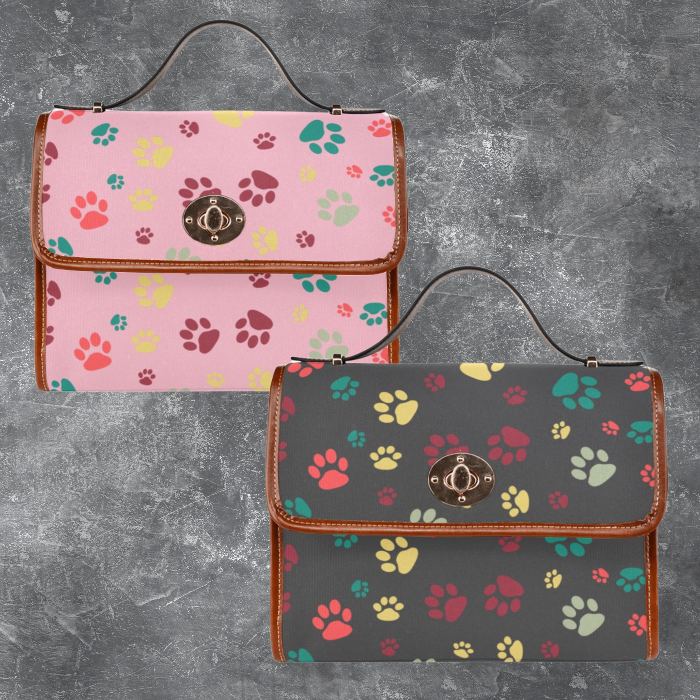 Satchel handbag with dog paw print pattern and shoulder strap, Black canvas handbag PU leather trim, Designer style purse for dog lover