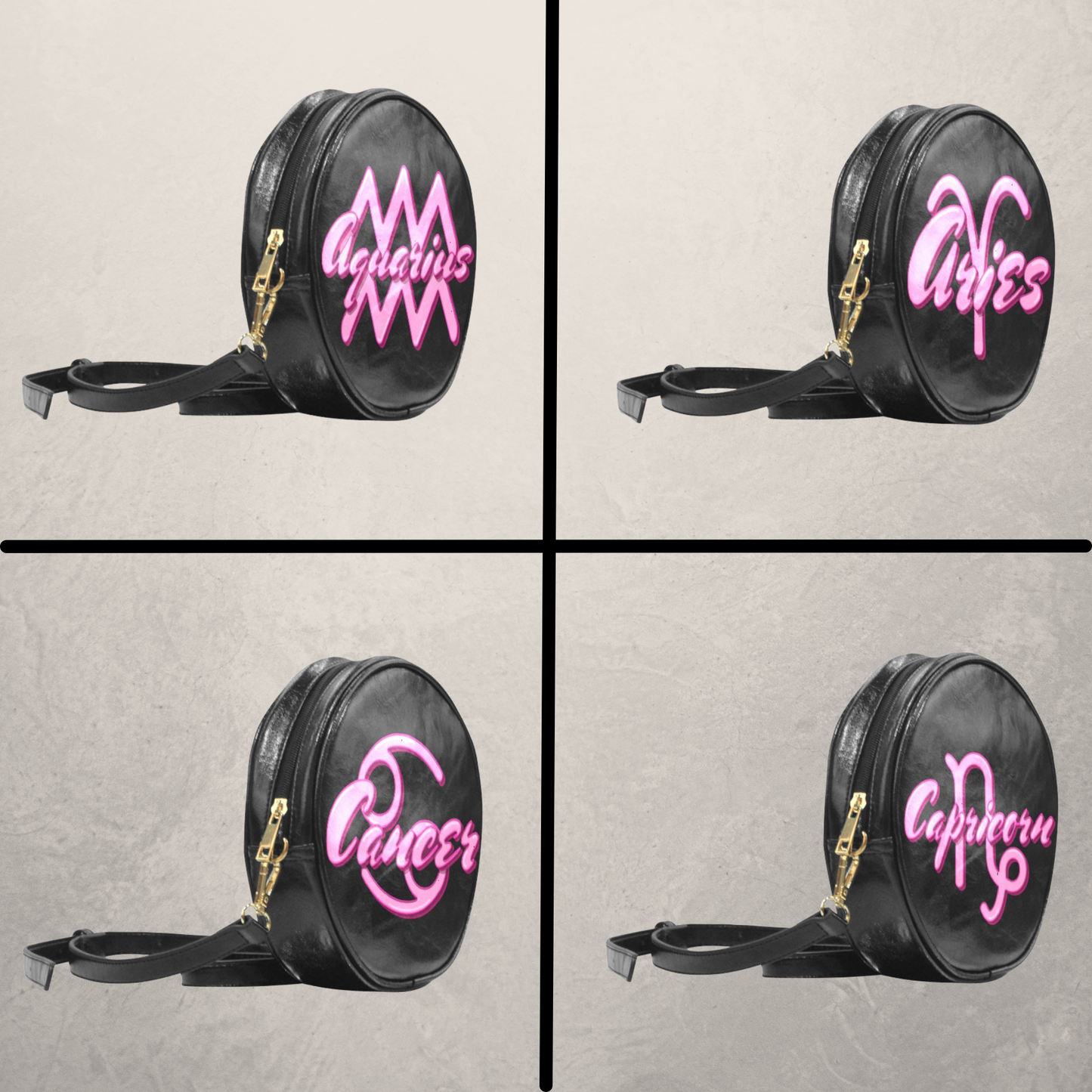 Astrology Sign on Black Round Crossbody Bag, Round Vegan Leather Sling Bag with 3D Zodiac sign, Black and Pink Birthday Shoulder Sling Bag
