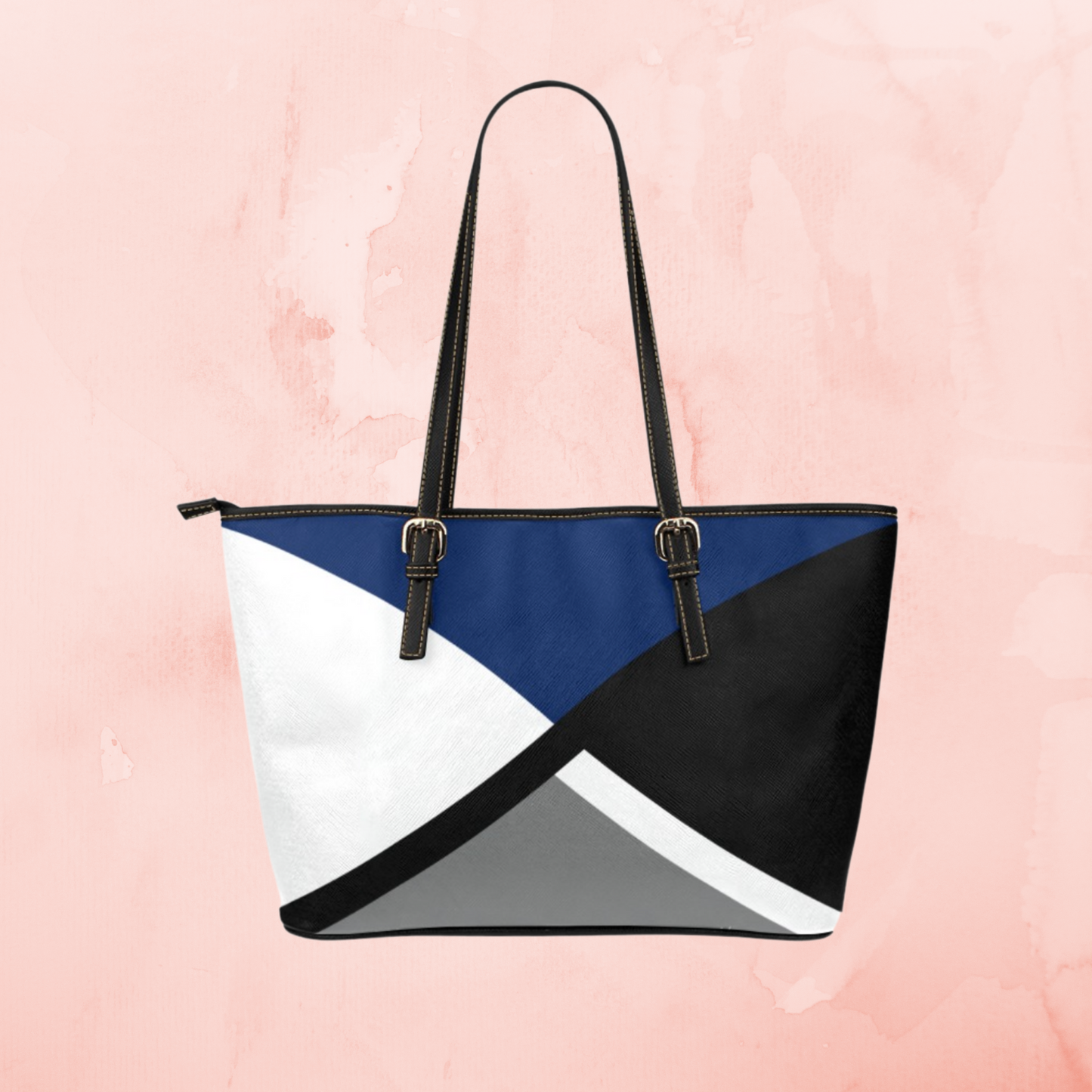 Pink Crisscross large leather tote bag, Black gray white handbag with pink accent color and shoulder straps, Designer Style leather purse