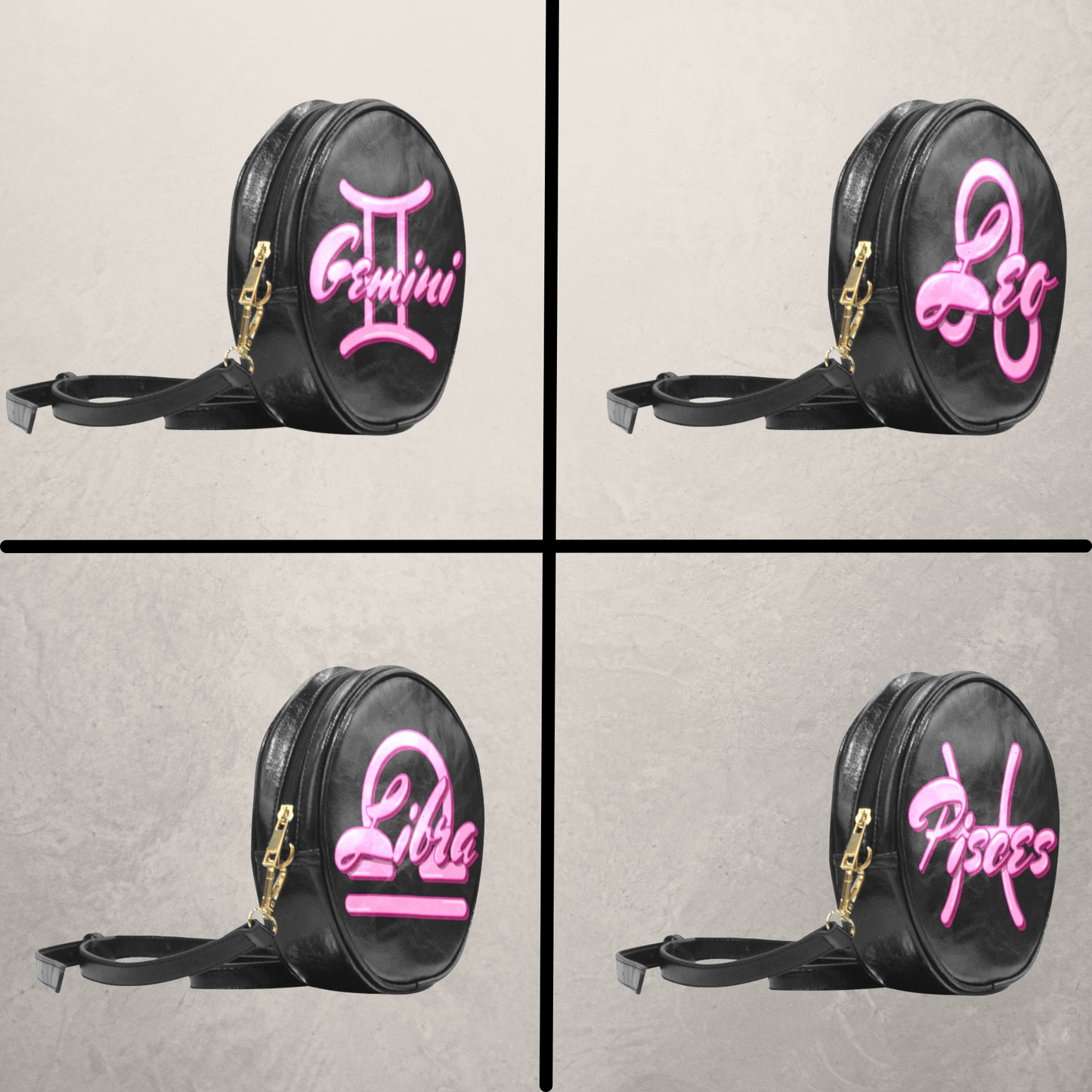 Astrology Sign on Black Round Crossbody Bag, Round Vegan Leather Sling Bag with 3D Zodiac sign, Black and Pink Birthday Shoulder Sling Bag