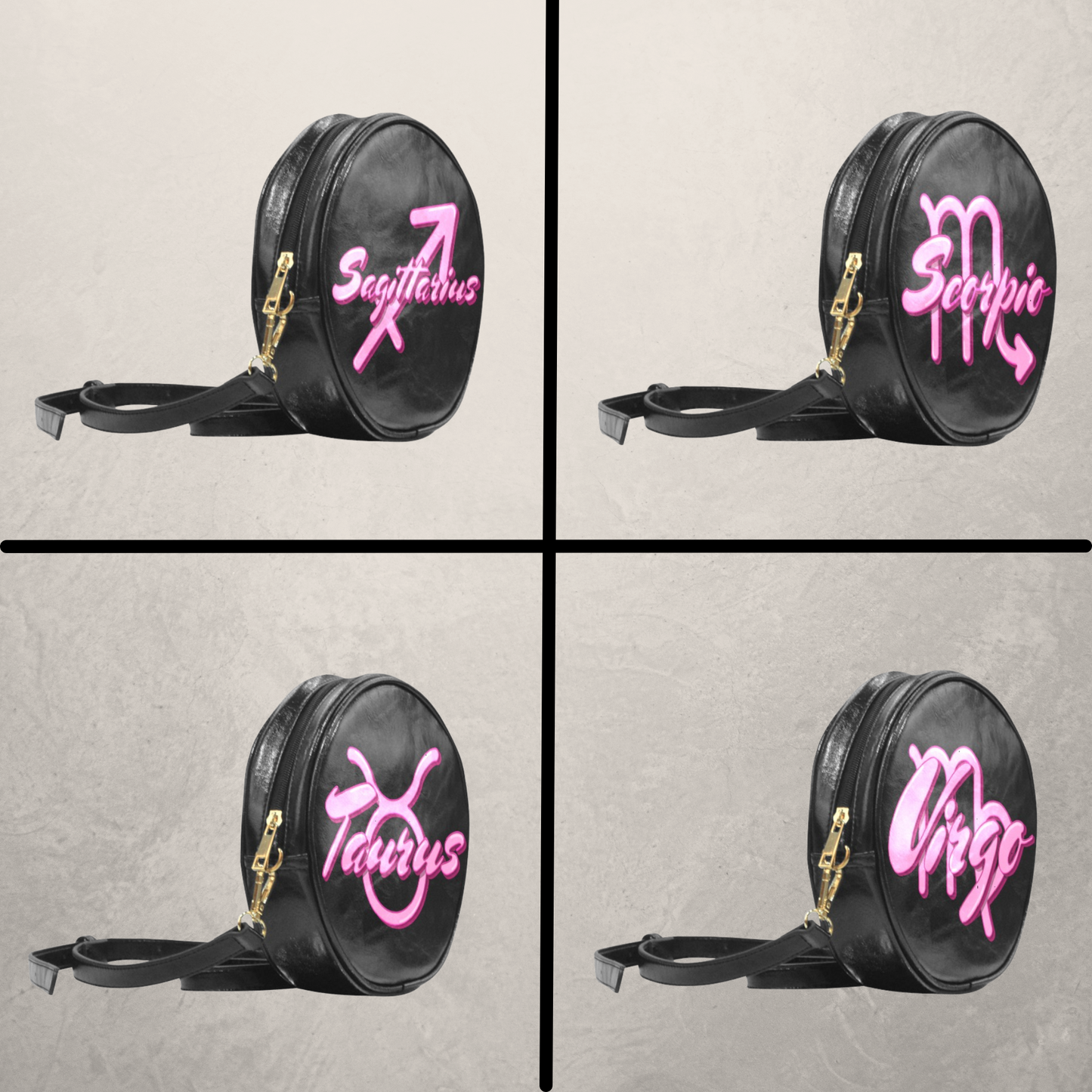 Astrology Sign on Black Round Crossbody Bag, Round Vegan Leather Sling Bag with 3D Zodiac sign, Black and Pink Birthday Shoulder Sling Bag