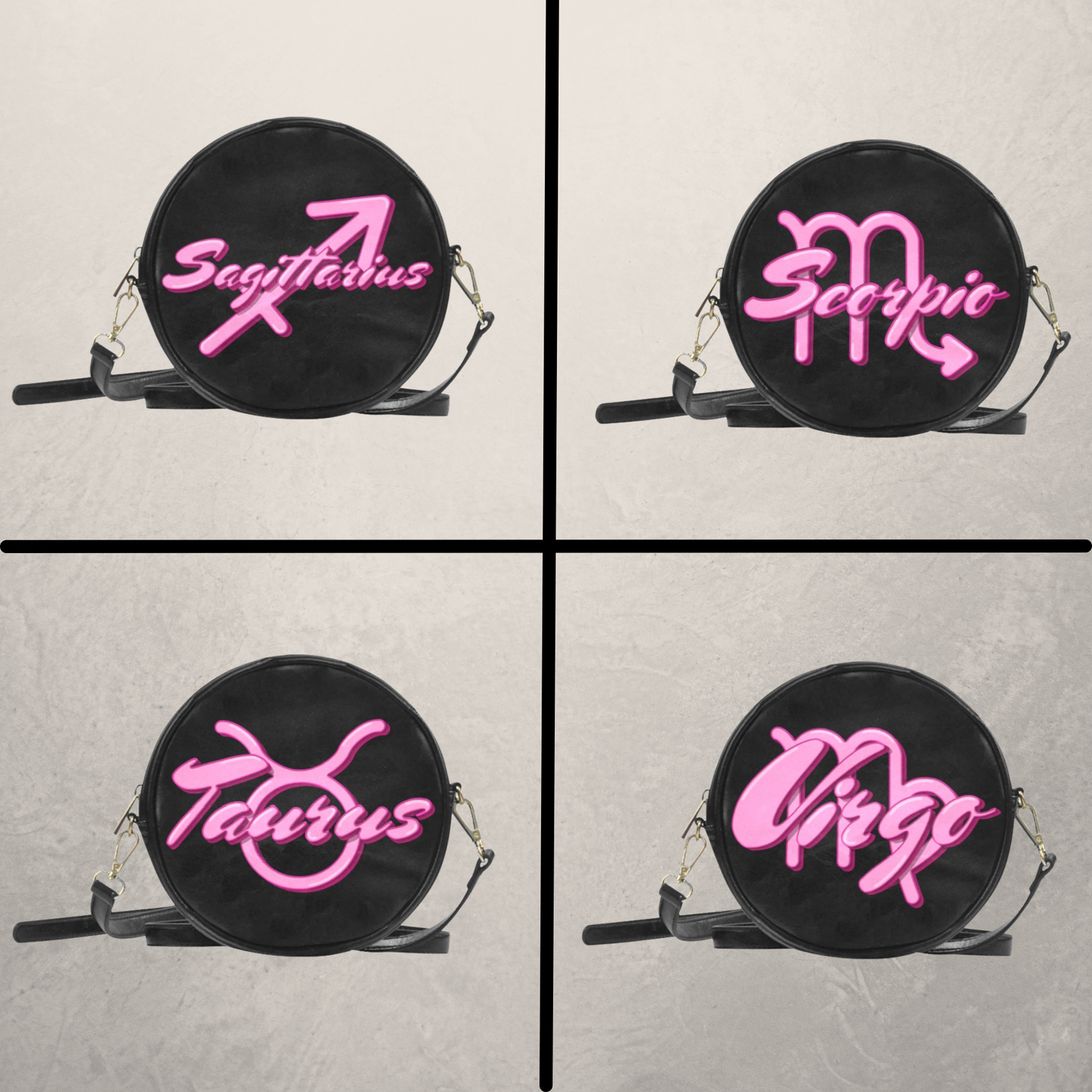Astrology Sign on Black Round Crossbody Bag, Round Vegan Leather Sling Bag with 3D Zodiac sign, Black and Pink Birthday Shoulder Sling Bag