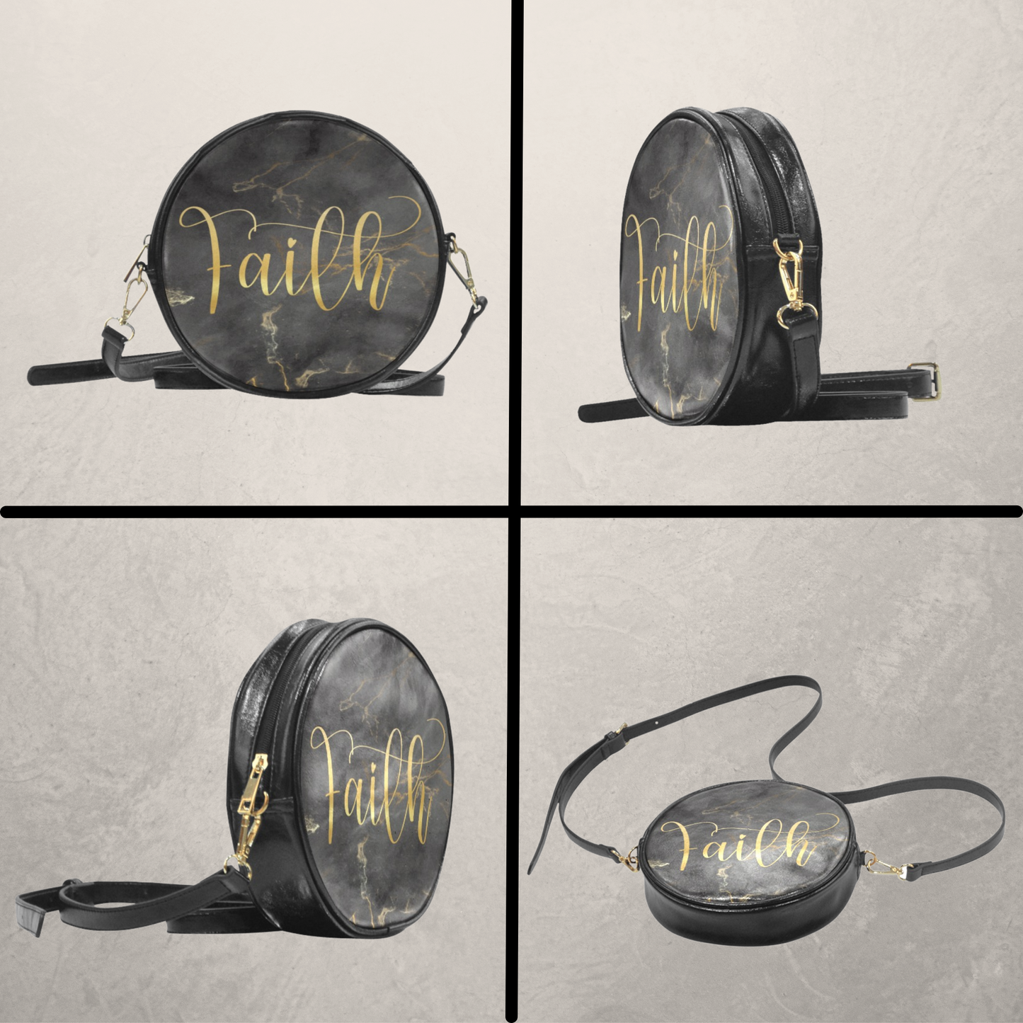 Christian Inspirational Words Round Crossbody Sling Bag, Jesus Bag, Faith crossbody bag with Black and Gold, Religious PU Leather handbag