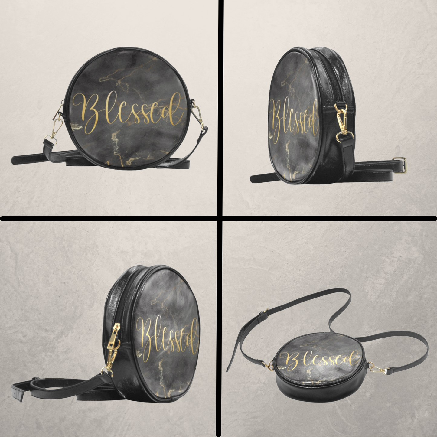 Christian Inspirational Words Round Crossbody Sling Bag, Jesus Bag, Faith crossbody bag with Black and Gold, Religious PU Leather handbag