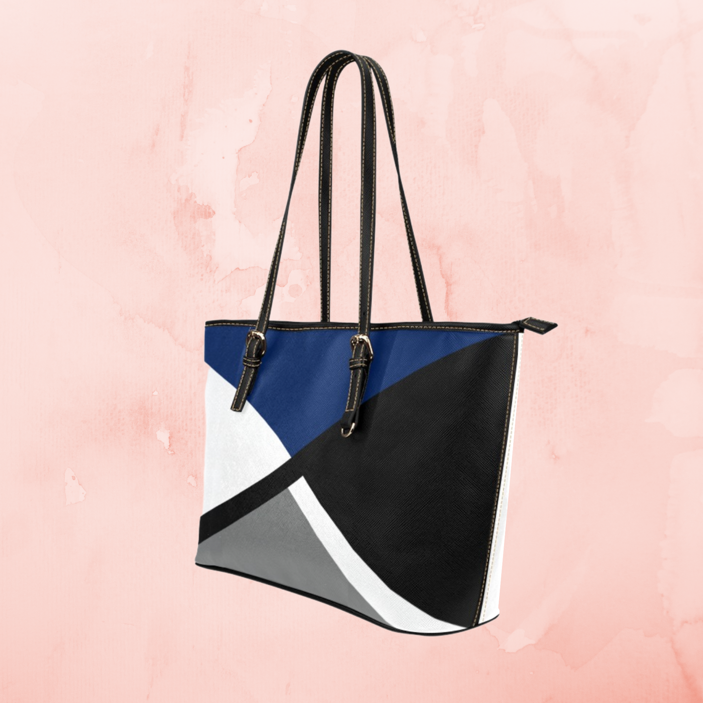 Pink Crisscross large leather tote bag, Black gray white handbag with pink accent color and shoulder straps, Designer Style leather purse