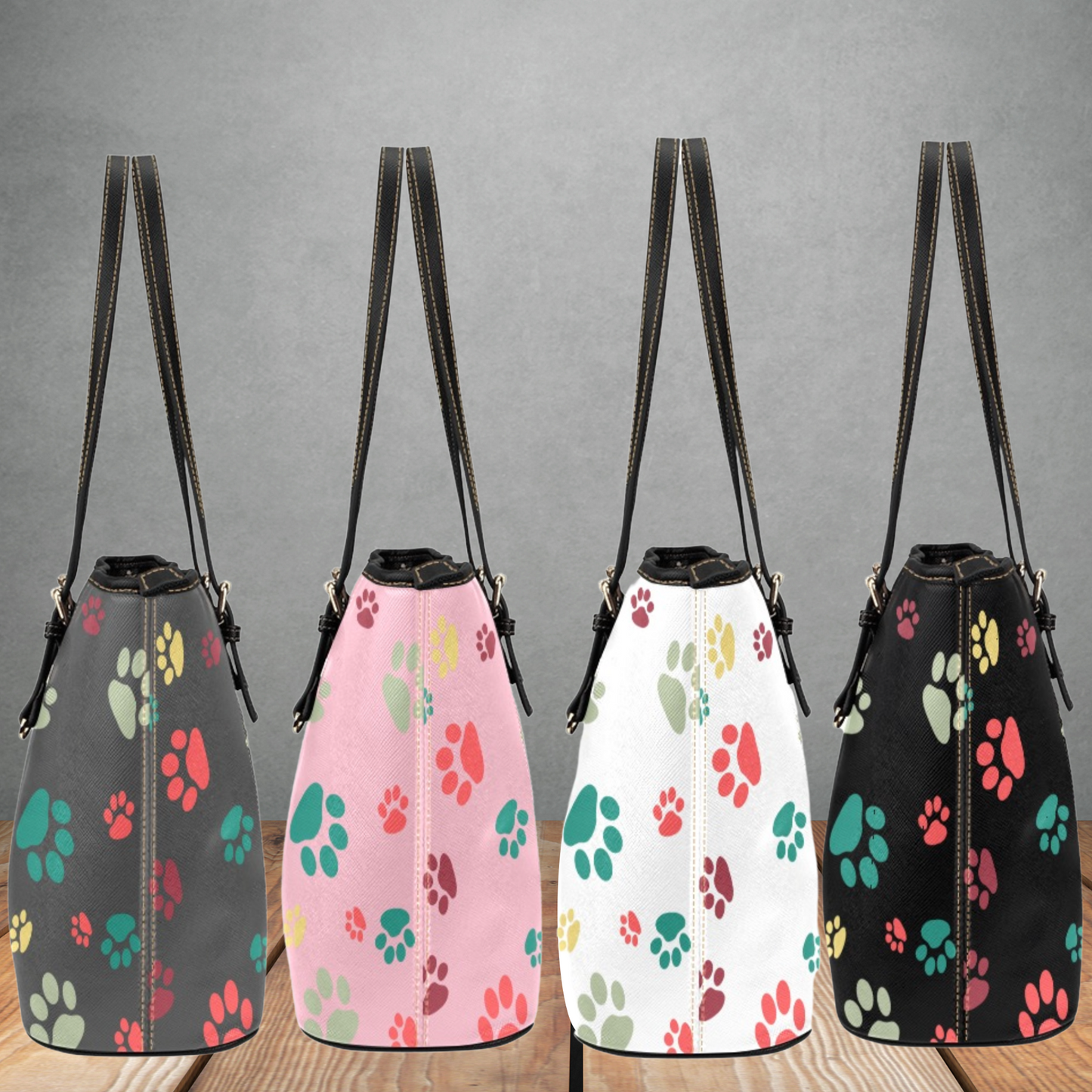 Dog Paw Prints on a large faux leather handbag, Women’s White, Black, Pink, or Gray tote bag, Cute Dog lover handbag with adjustable handles