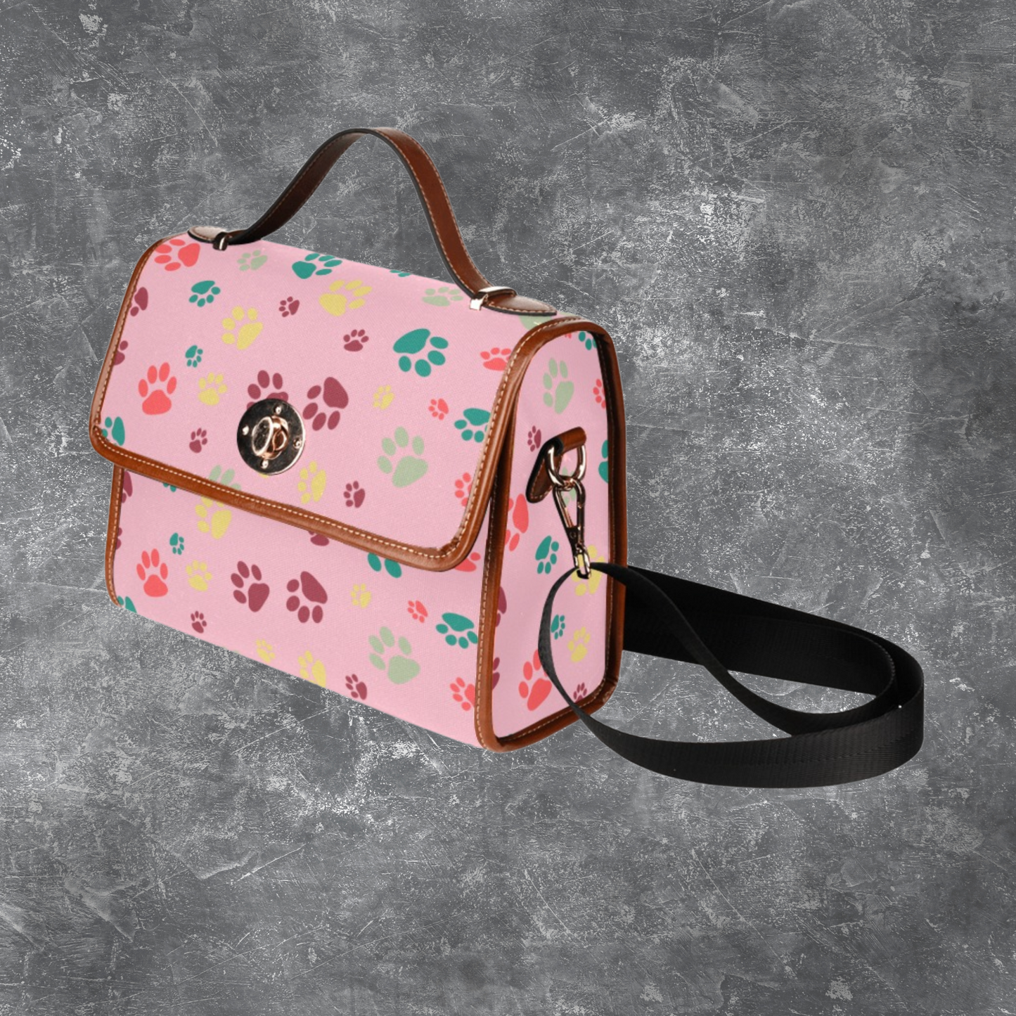Satchel handbag with dog paw print pattern and shoulder strap, Black canvas handbag PU leather trim, Designer style purse for dog lover