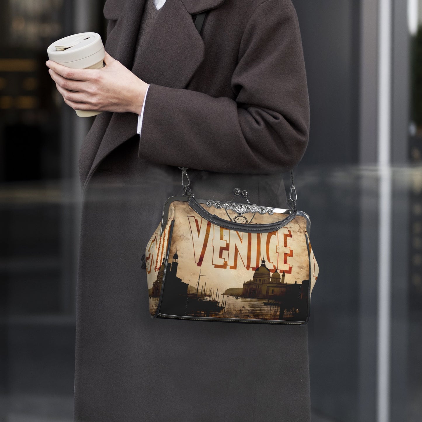 Venice Italy designed Handbag, Unique Italian Themed Crossbody Purse, Vacation Souvenir Shoulder Handbag, Santa Maria Luxury Style Handbag, Venice_Kisslock_ Kisslock Crossbody Shoulder Bag (Model 1752)