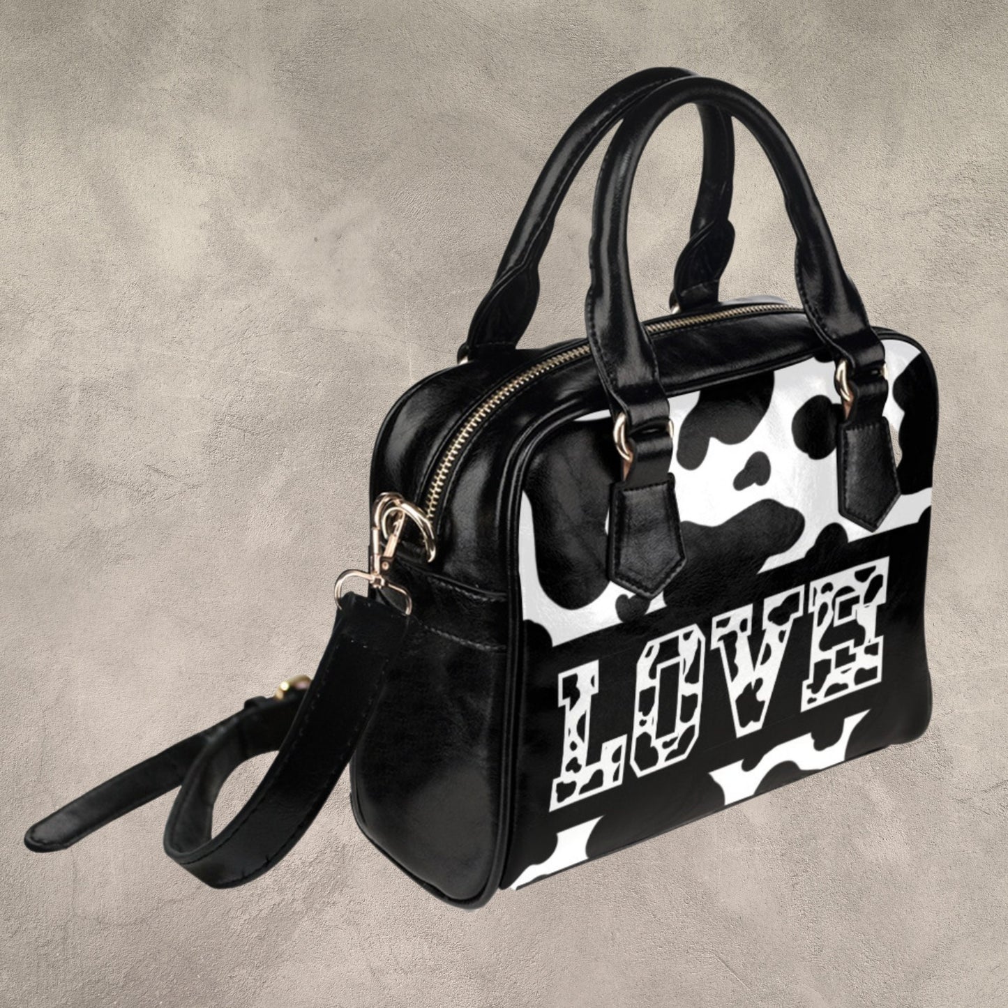 Cute Cow Print leather handbag, Black and white shoulder bag with LOVE, Crossbody bag for Cow Print lover, Trending purse for women
