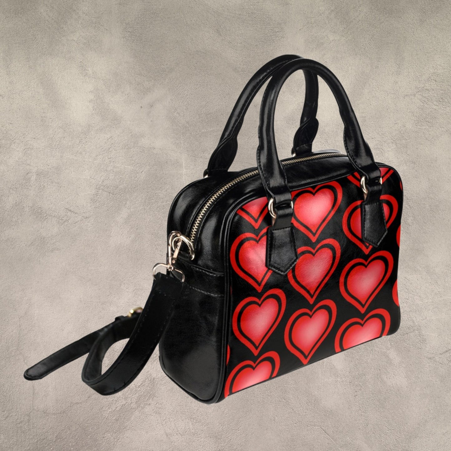 Leather handbag with red heart pattern, Faux leather purse with red and black heart design printed on front and back, Cute women's Handbag