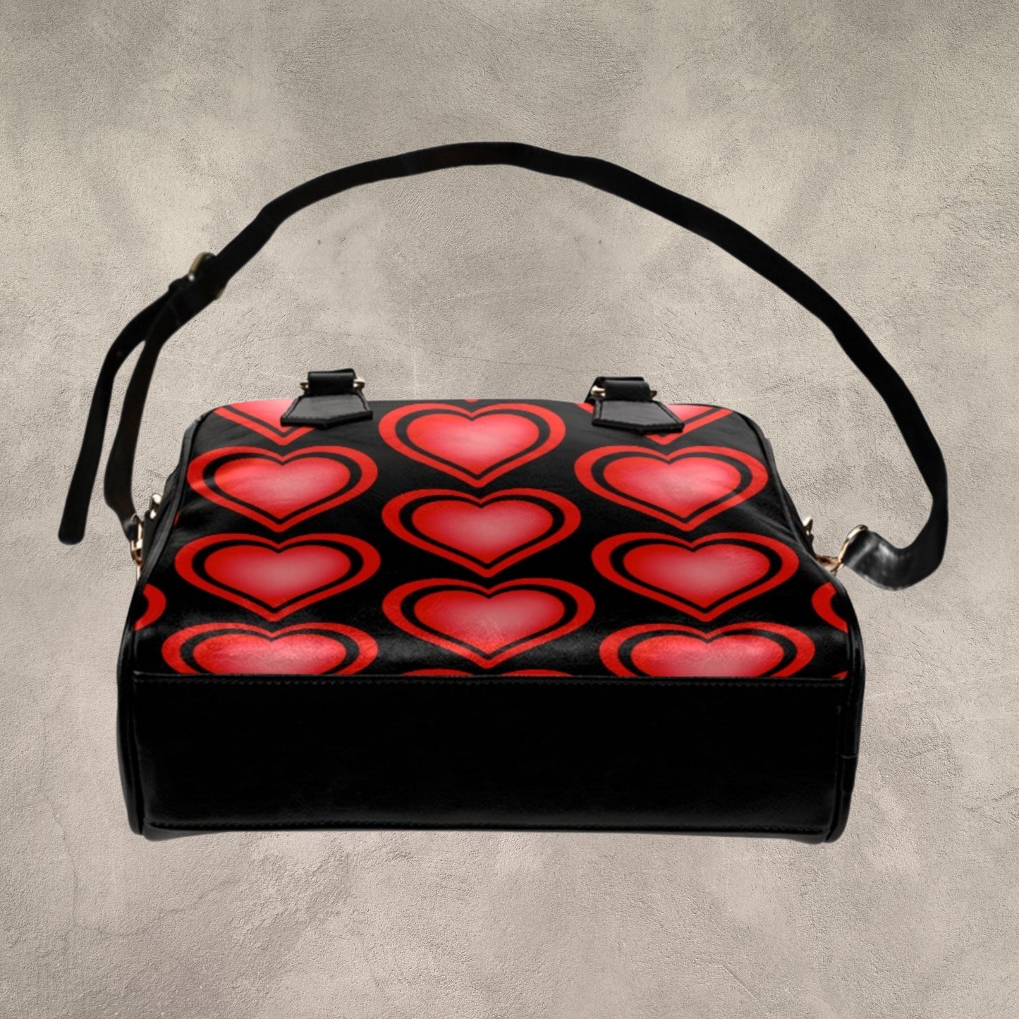 Leather handbag with red heart pattern, Faux leather purse with red and black heart design printed on front and back, Cute women's Handbag
