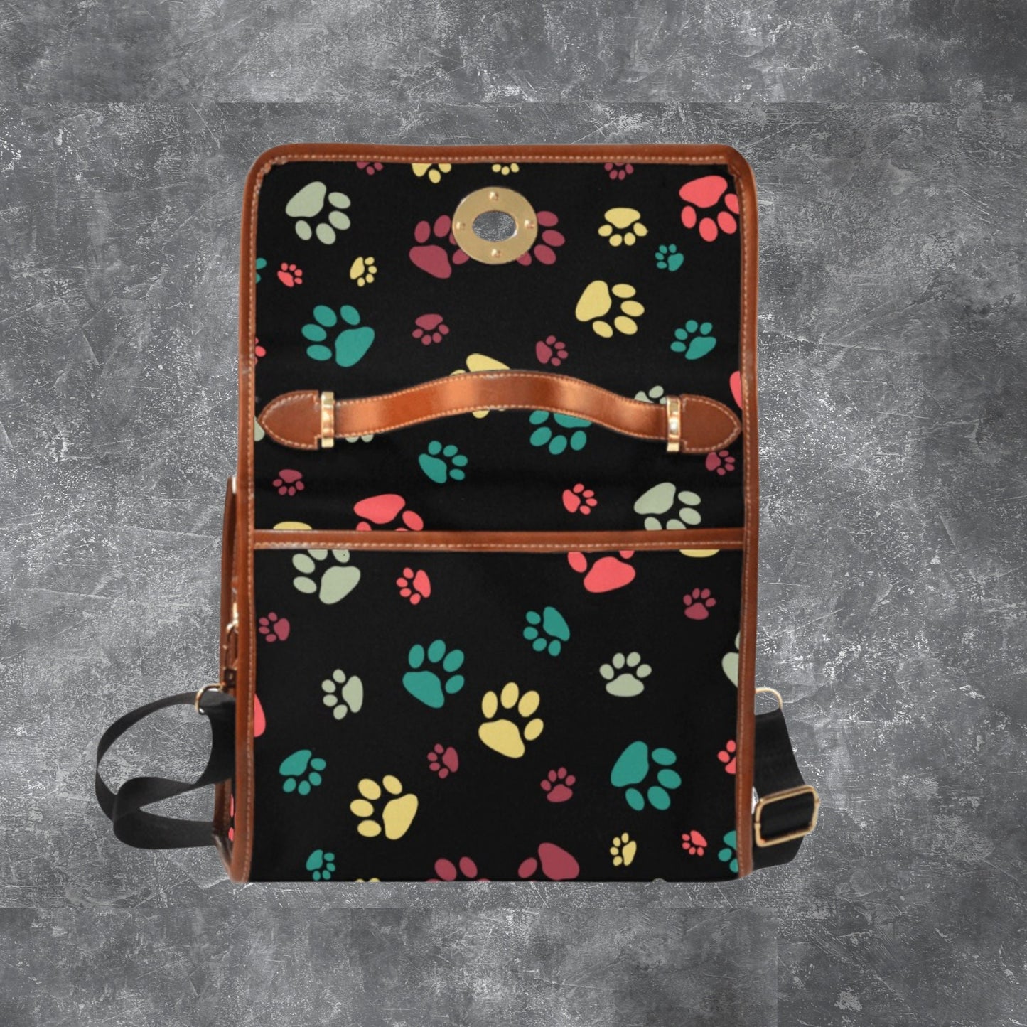 Satchel handbag with dog paw print pattern and shoulder strap, Black canvas handbag PU leather trim, Designer style purse for dog lover