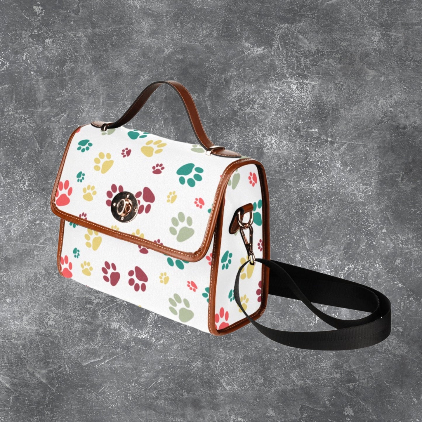 Satchel handbag with dog paw print pattern and shoulder strap, Black canvas handbag PU leather trim, Designer style purse for dog lover