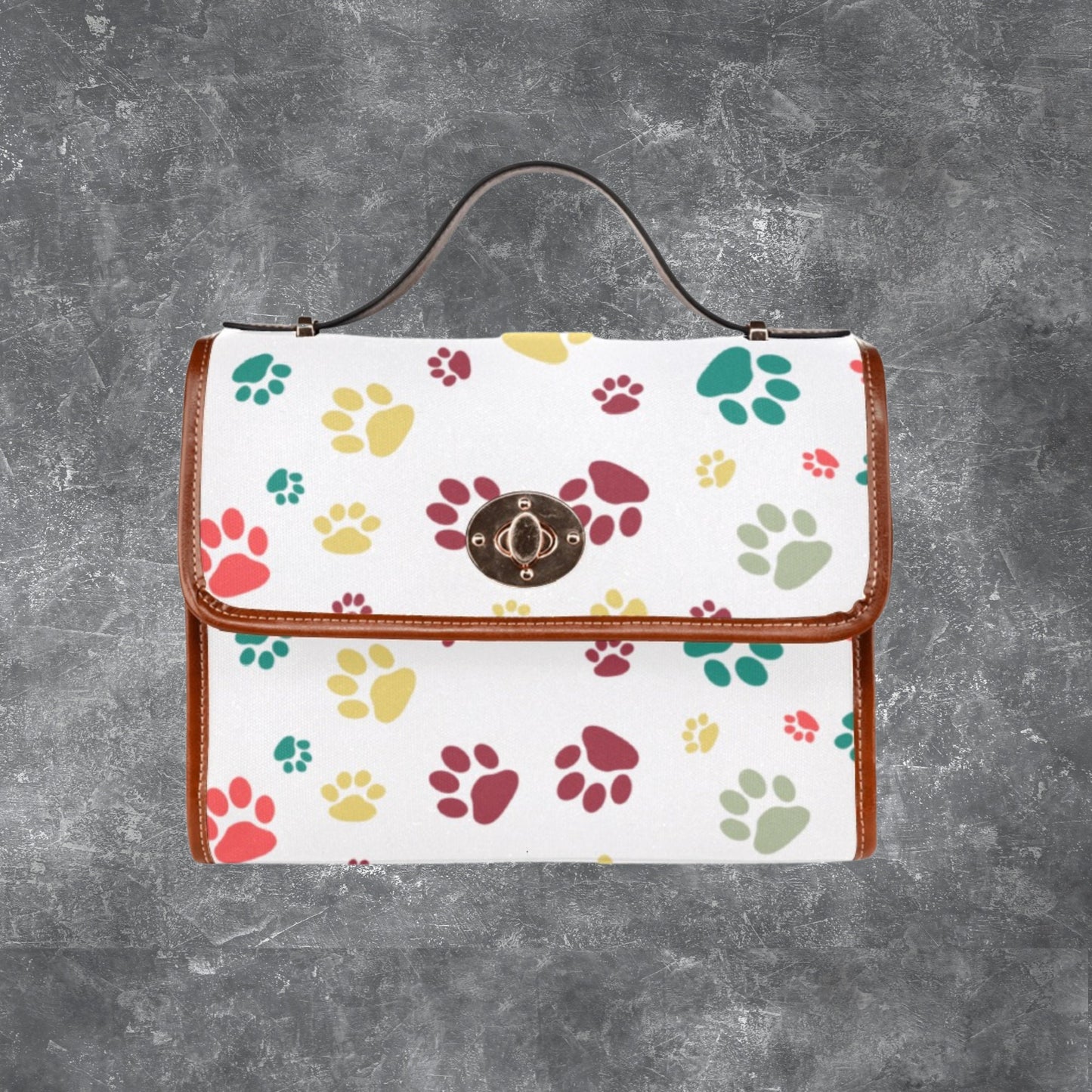 Satchel handbag with dog paw print pattern and shoulder strap, Black canvas handbag PU leather trim, Designer style purse for dog lover