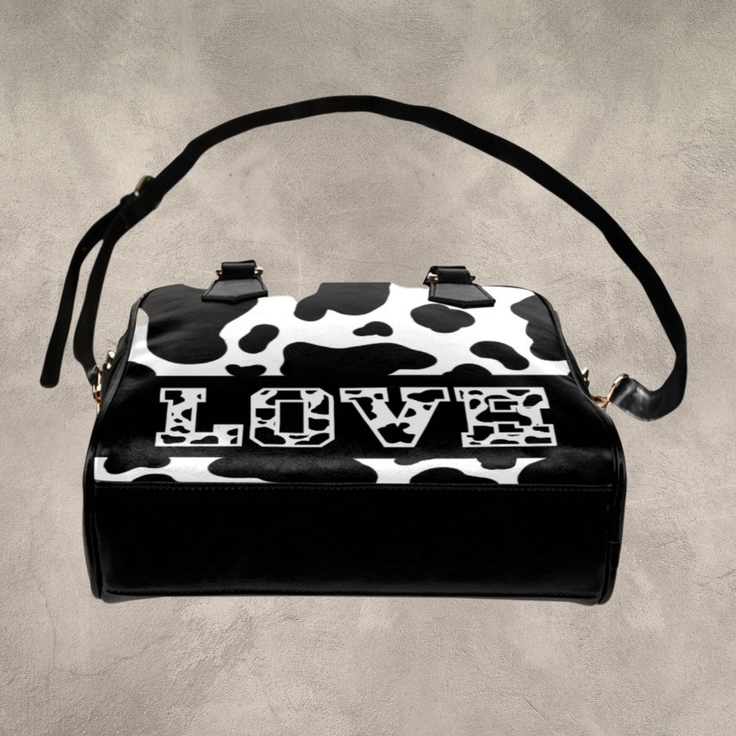Cute Cow Print leather handbag, Black and white shoulder bag with LOVE, Crossbody bag for Cow Print lover, Trending purse for women