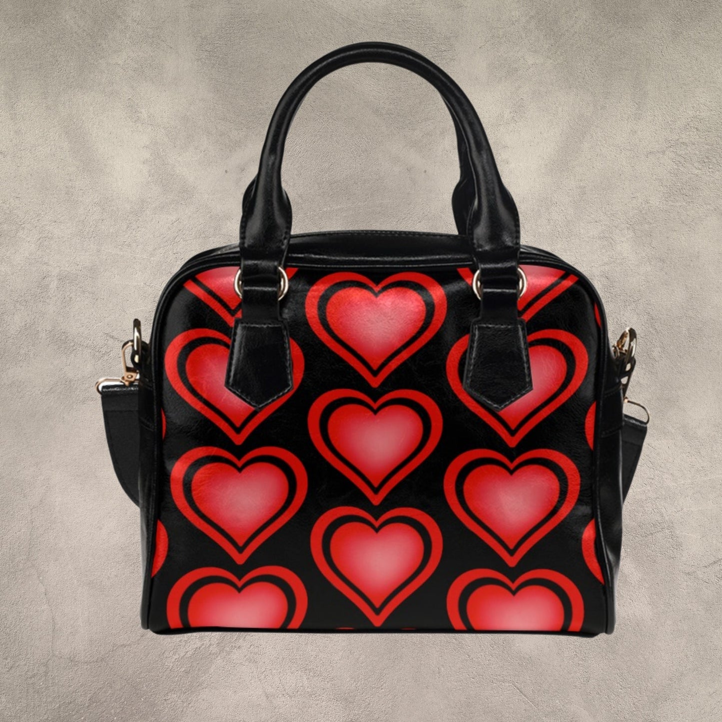Leather handbag with red heart pattern, Faux leather purse with red and black heart design printed on front and back, Cute women's Handbag