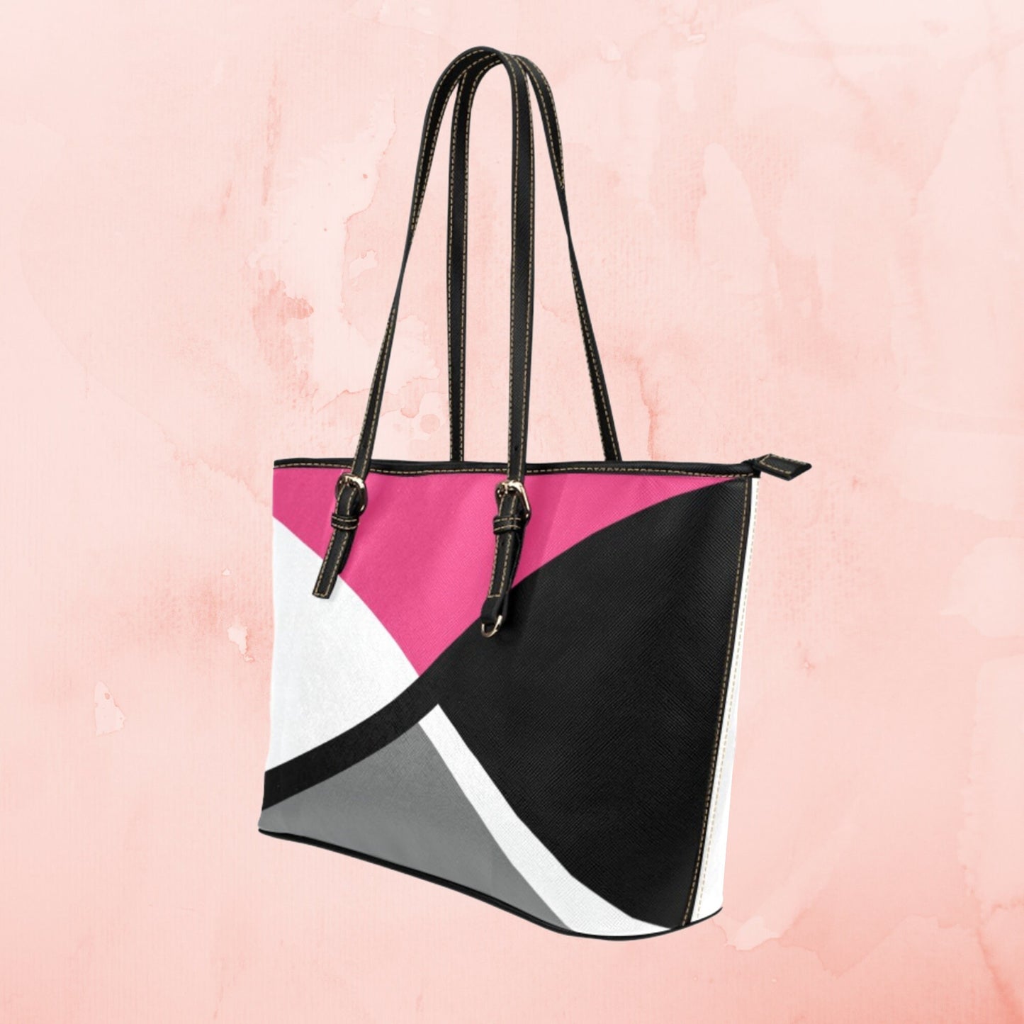Pink Crisscross large leather tote bag, Black gray white handbag with pink accent color and shoulder straps, Designer Style leather purse