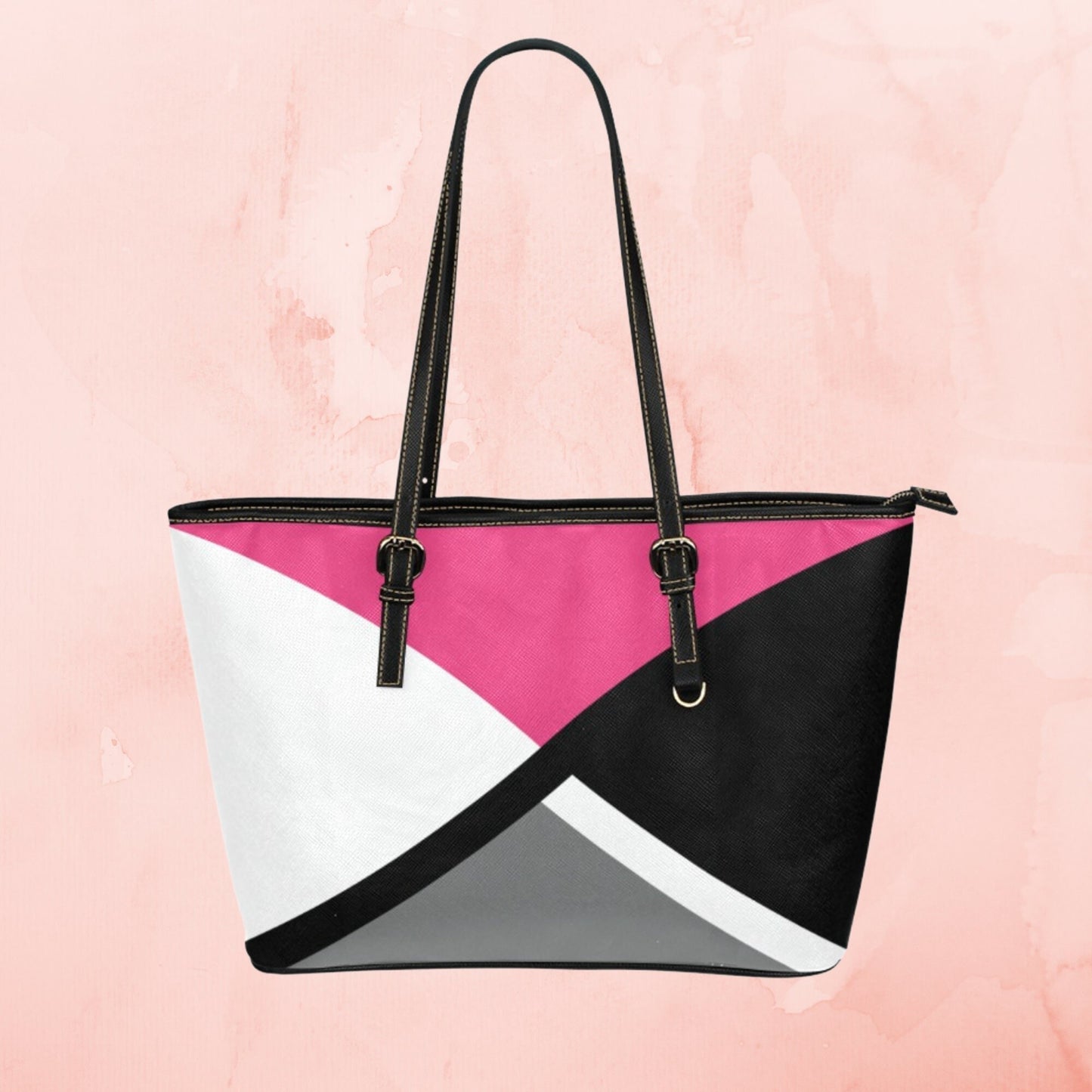 Pink Crisscross large leather tote bag, Black gray white handbag with pink accent color and shoulder straps, Designer Style leather purse