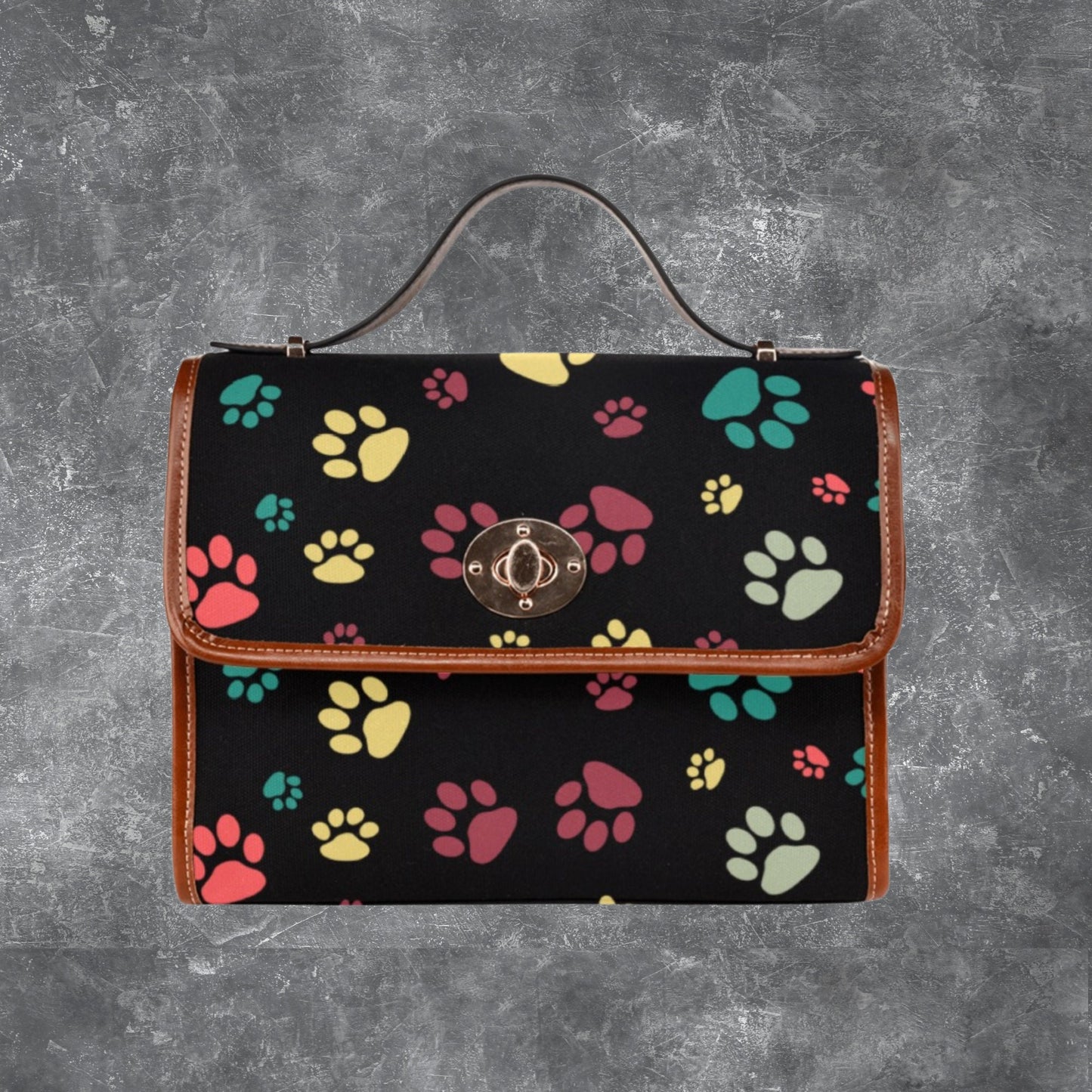 Satchel handbag with dog paw print pattern and shoulder strap, Black canvas handbag PU leather trim, Designer style purse for dog lover