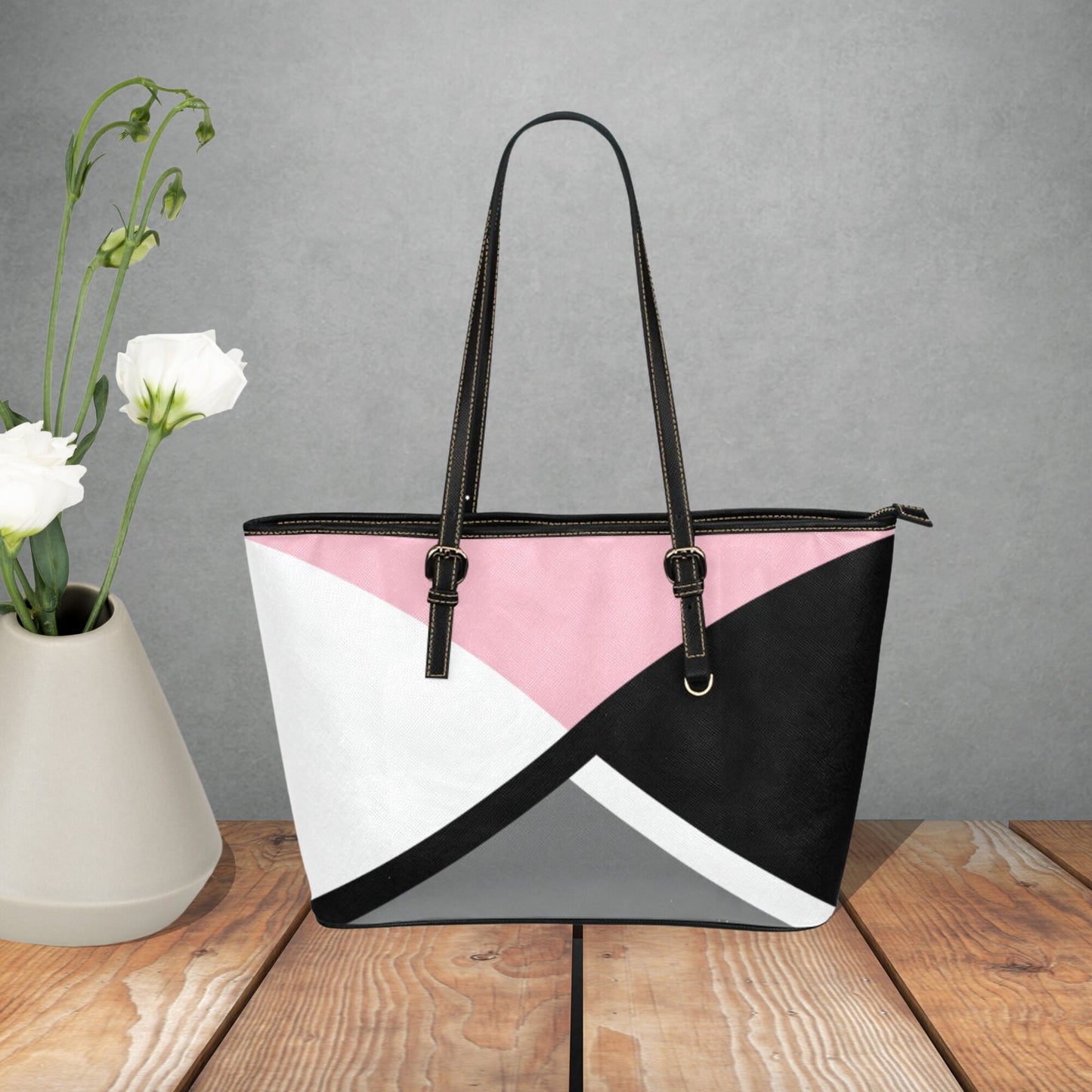 Pink Crisscross large leather tote bag, Black gray white handbag with pink accent color and shoulder straps, Designer Style leather purse