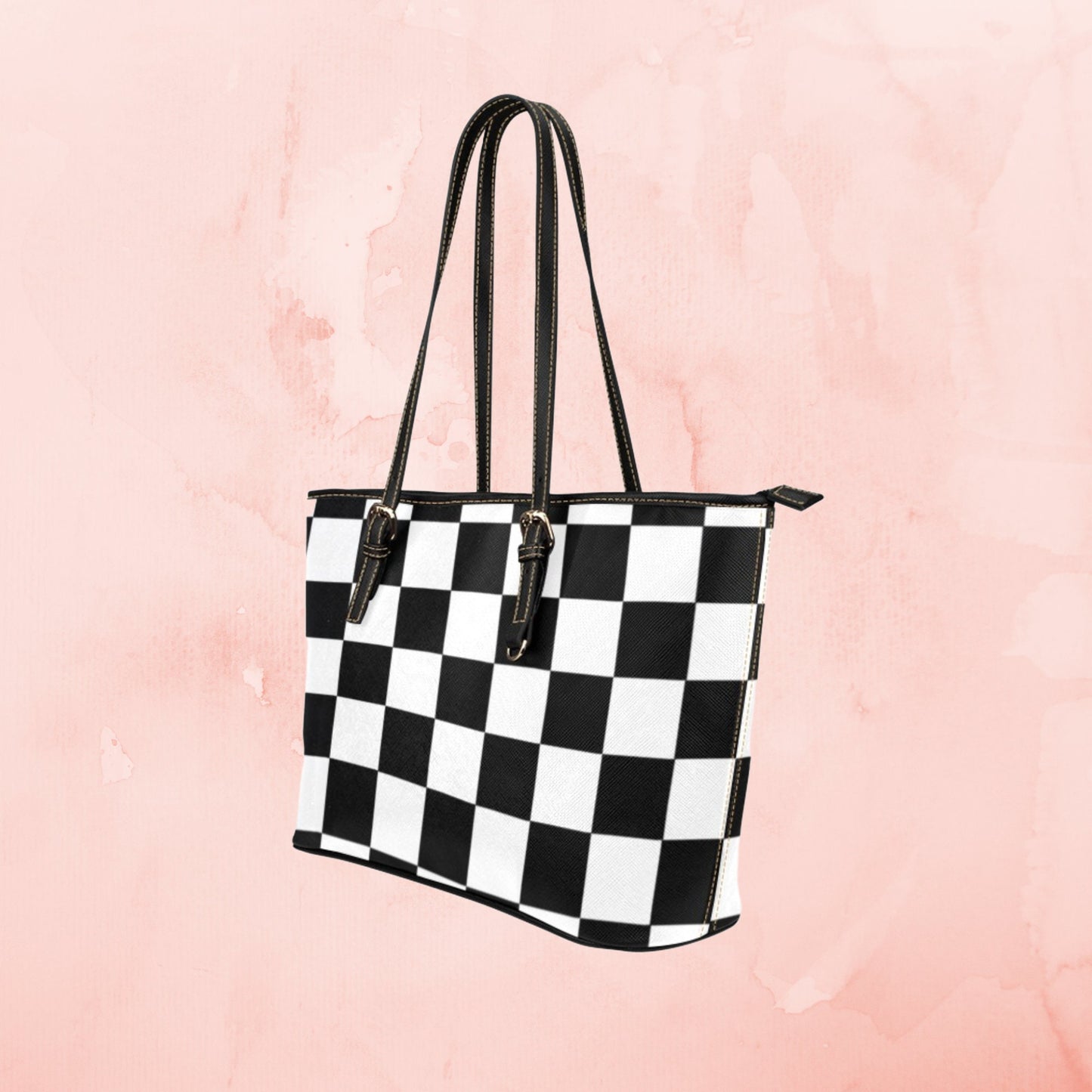 Checkerboard pattern large leather tote bag, Multi color tote with inner zipper pouch and shoulder strap, Designer Style faux leather purse