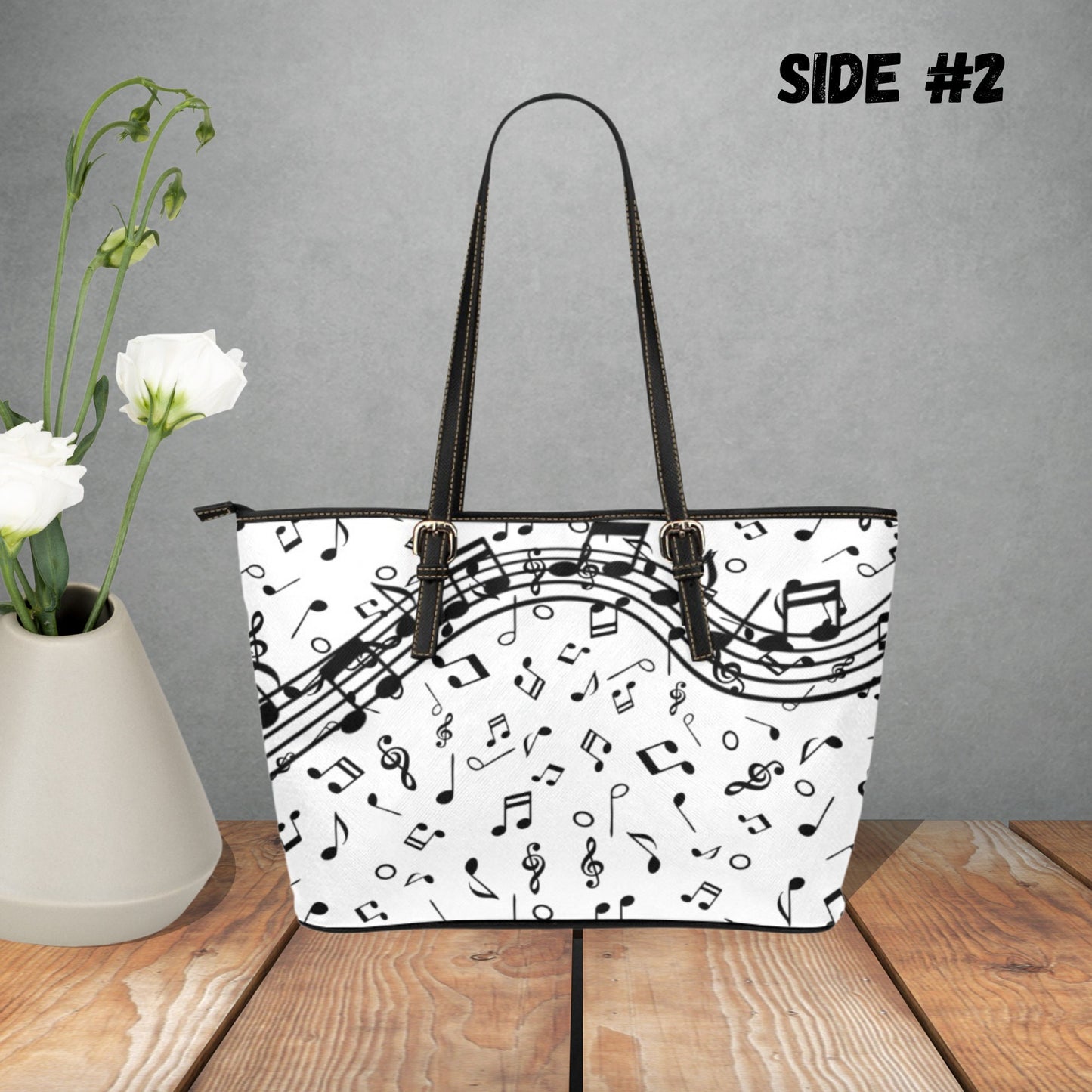 Music Notes and Treble Clef faux leather tote bag, Black and white handbag, Perfect gift for music teacher, Gift for women music lovers